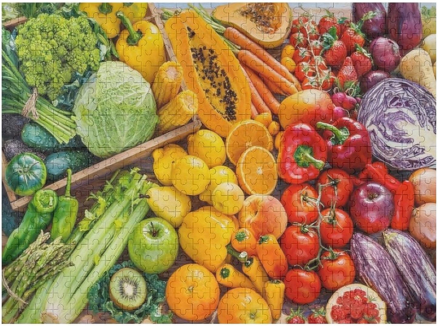 Wooden Puzzle - Jigsaw Puzzles 300 Pieces for Adults, Fruit and Vegetable Colorful Vegetables Laid Out On Table Meditation Focus Healthy Food Collectible Art