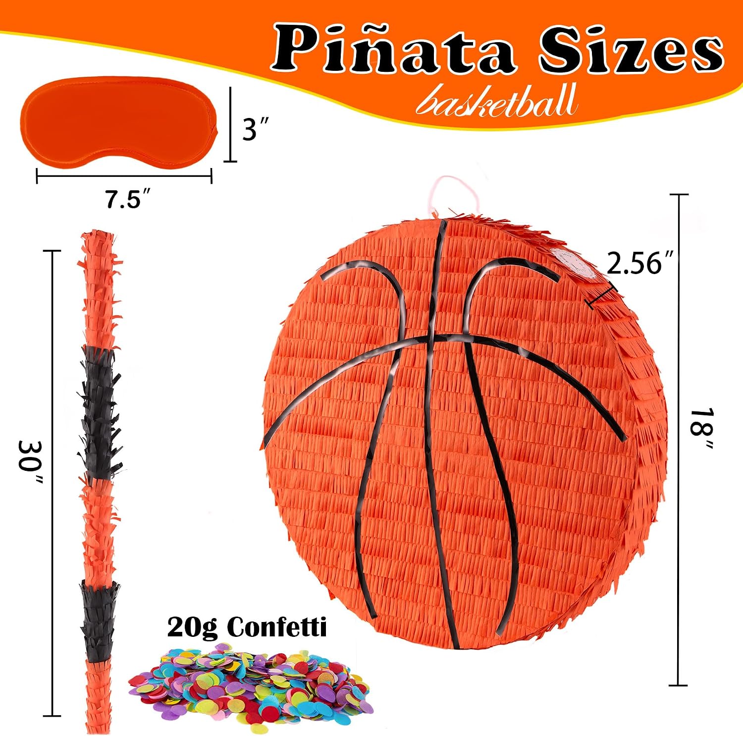 pcfing 18 inch basketball piñata with 30 inch piñata stick blindfold confetti for boys girls adults birthday party game decorations, anniversary celebration, fiesta