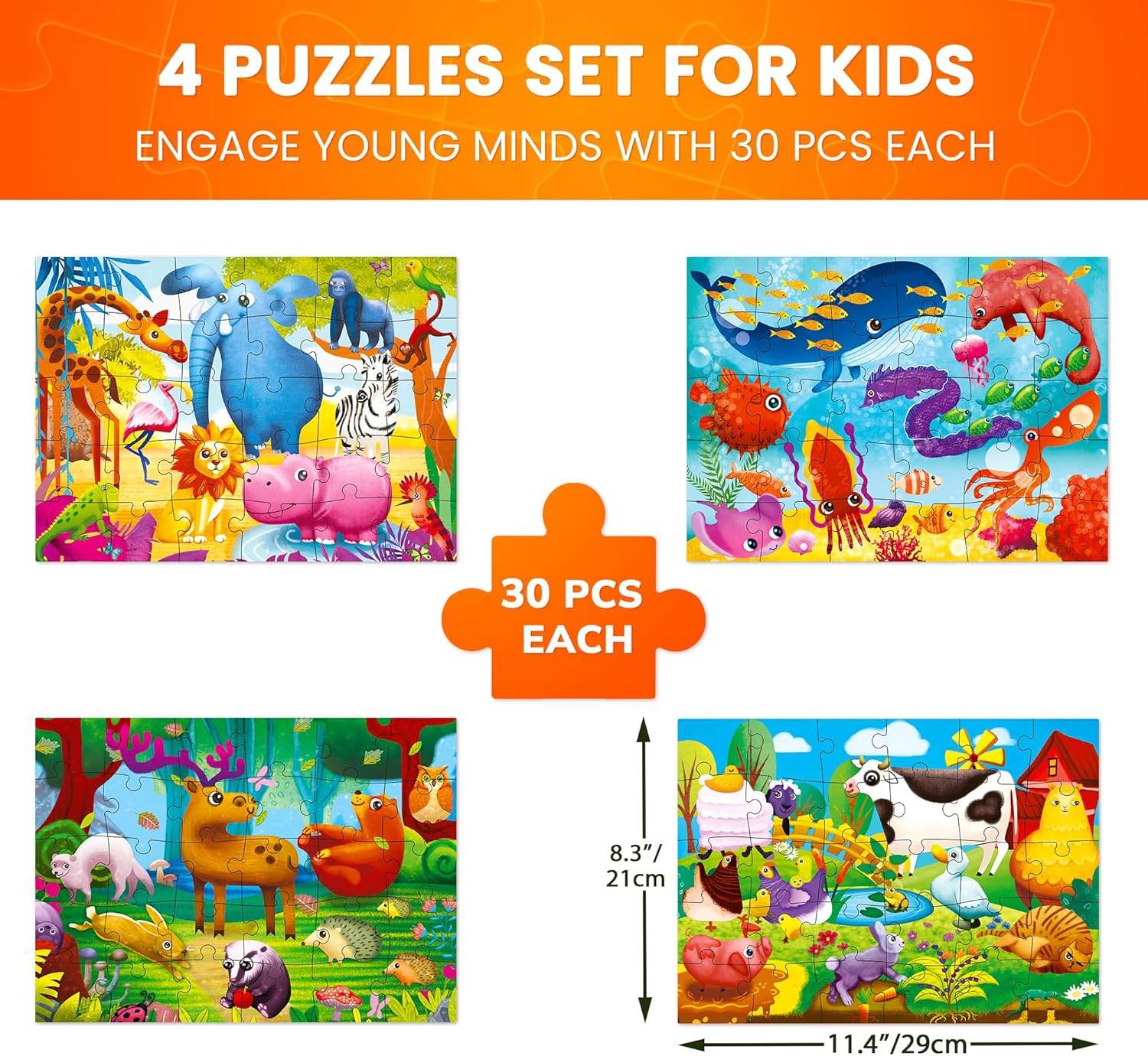 QUOKKA Puzzles for Toddlers 3-5 - 4 x 30 Pieces Puzzles for Kids Ages 2-4 - Animal Learning Jigsaw Puzzles for Kids 4-6 Years Old - Educational Toys for Boy and Girl