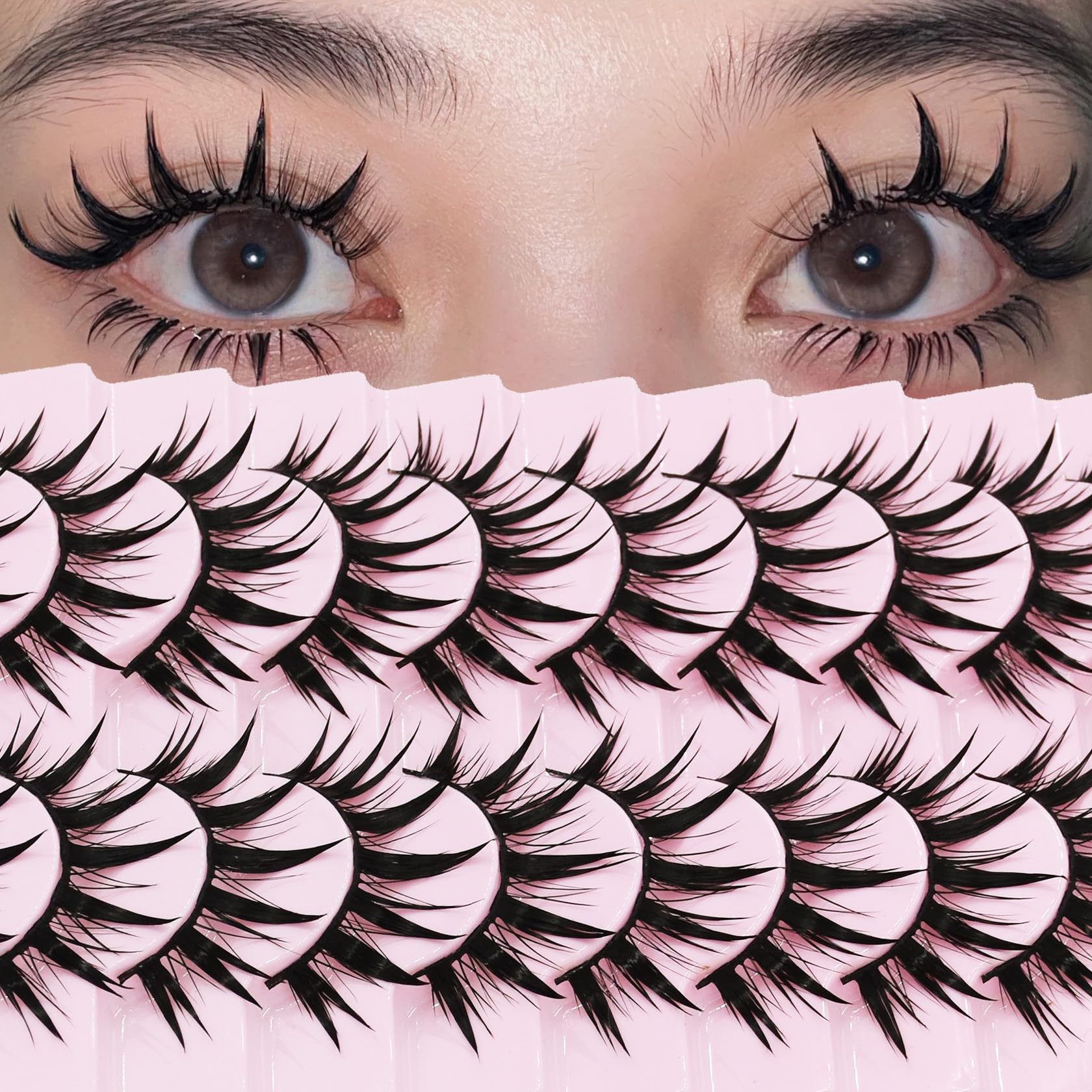10Pairs Manga Lashes Spiky Cat Eye Lashes Extensions 16mm Cute Look Lashes Faux Mink Eyelashe (H01)