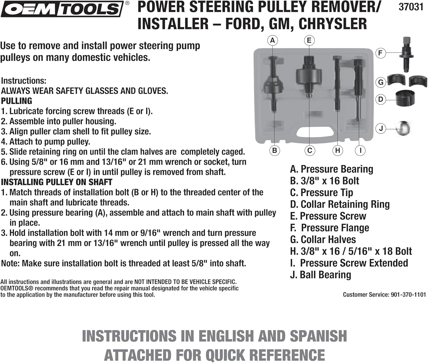 OEMTOOLS Power Steering Pulley Puller and Installer Kit, Removes and Installs Power Steering Pump Pulleys on Most Domestic Vehicles, Ford, GM, VW, 37031 Green Case