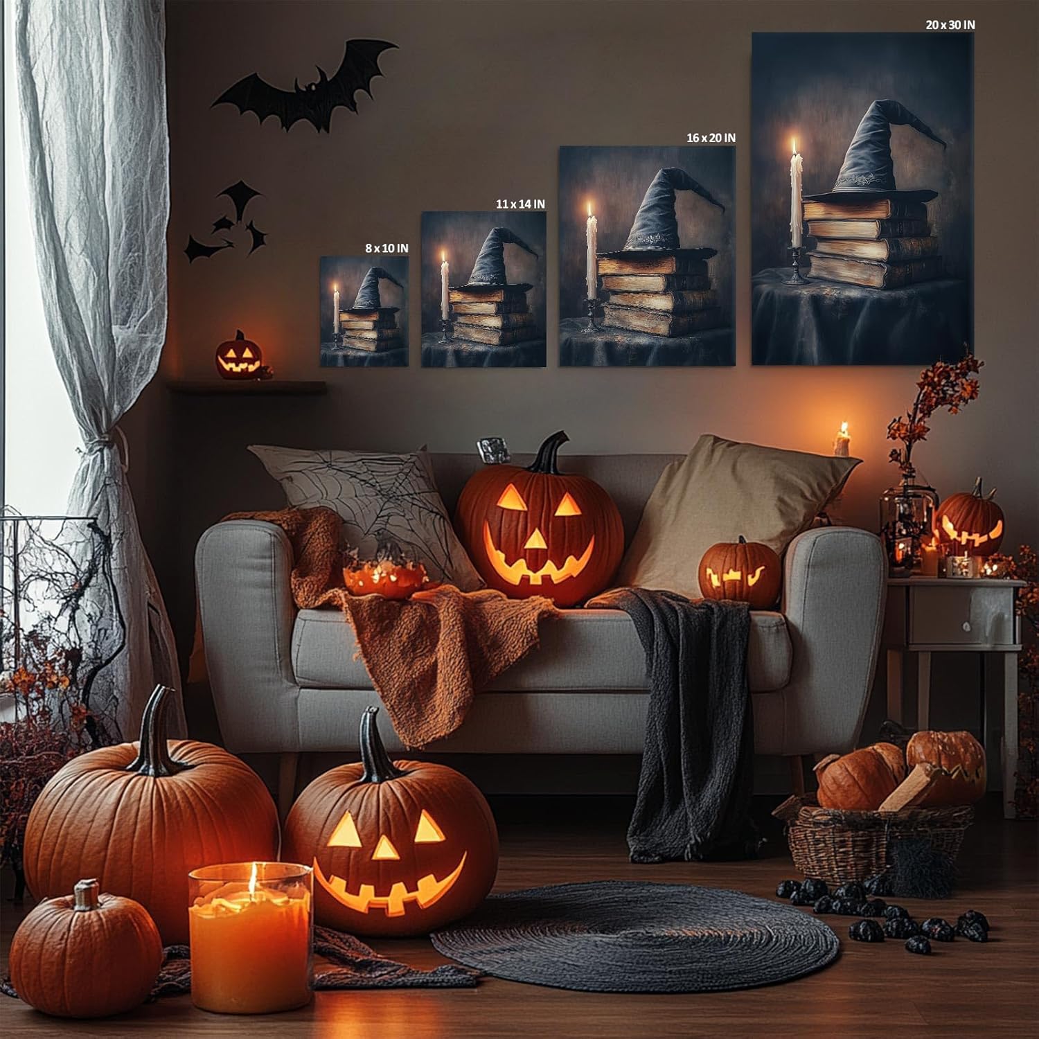 ART Halloween Canvas Wall Decor, Books Witch Hat And Candle Canvas Prints Wall Fall Autumn Halloween Poster Framed Pictures Print Canvas Wall for Bedroom 11x14inch