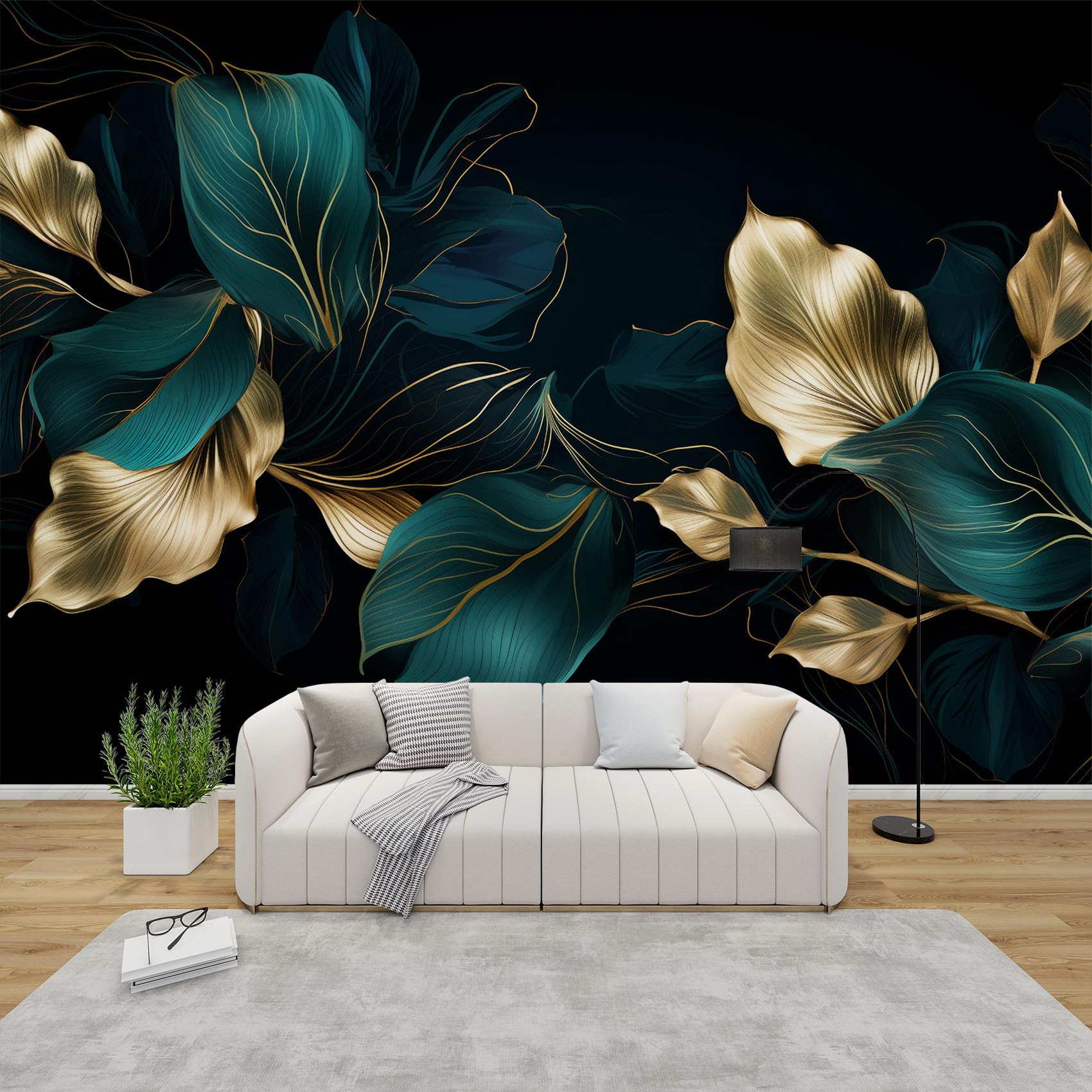 QEODAH Leaf Wallpaper for Living Room, Emerald Green and Gold Leaves Wall Art for Bedroom, Luxury Botanical Wall Mural, Renter Friendly Removable Waterproof Non-Woven Photo Wallpaper 3D, 400x280 cm