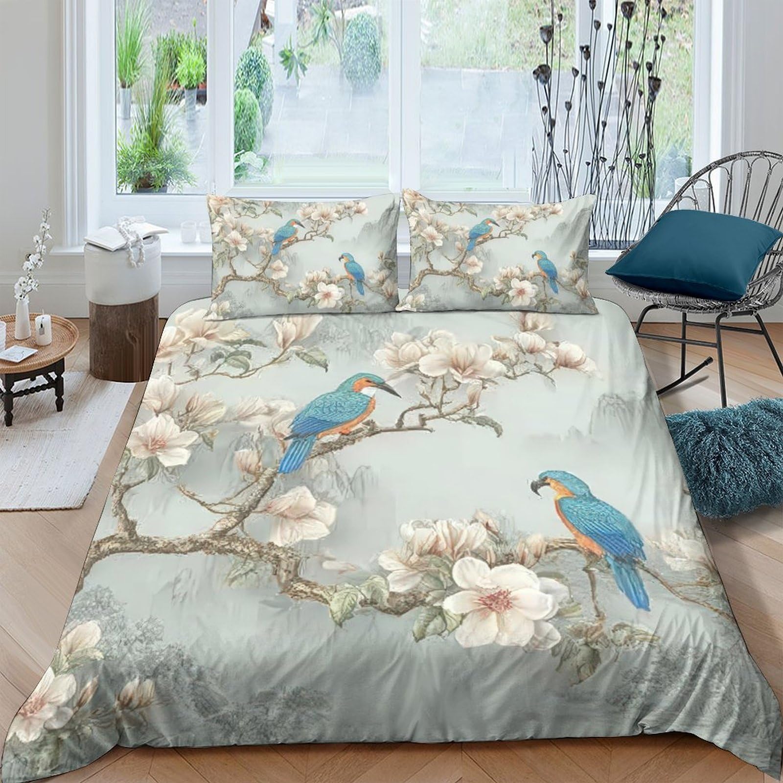 Ctjqhvkz Style-10 3D Printed Blue Parrot Blossom Fitted Sheet Microfiber Soft Breathable Branch Bed Cover For Bedroom Dorm Mattress Decor Single（135X200cm）