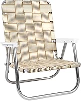Vista 8 de Lawn Chair USA - Silla de tejido de cinchas (silla para playa con respaldo alto, patrón Isla Marina con posa brazos blancos)