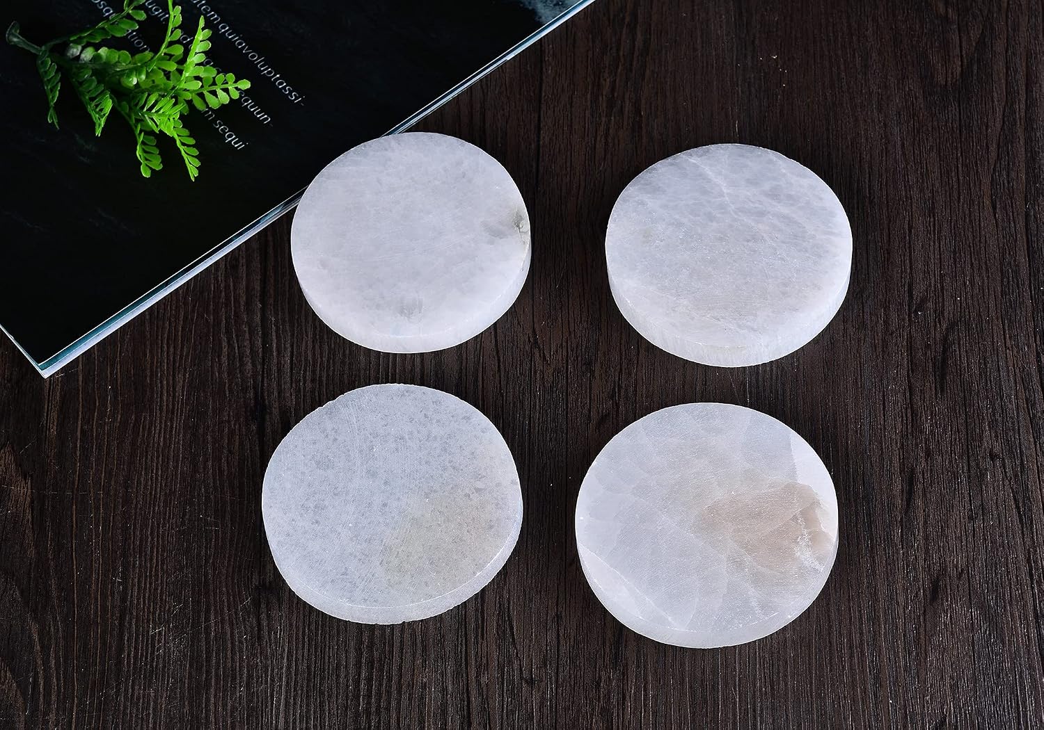 AMOYSTONE 4Pcs Round Selenite Slice Coasters Small & Selenite Reiki Charging Station Flat Plate for Chakra Balance, Crystal Healing