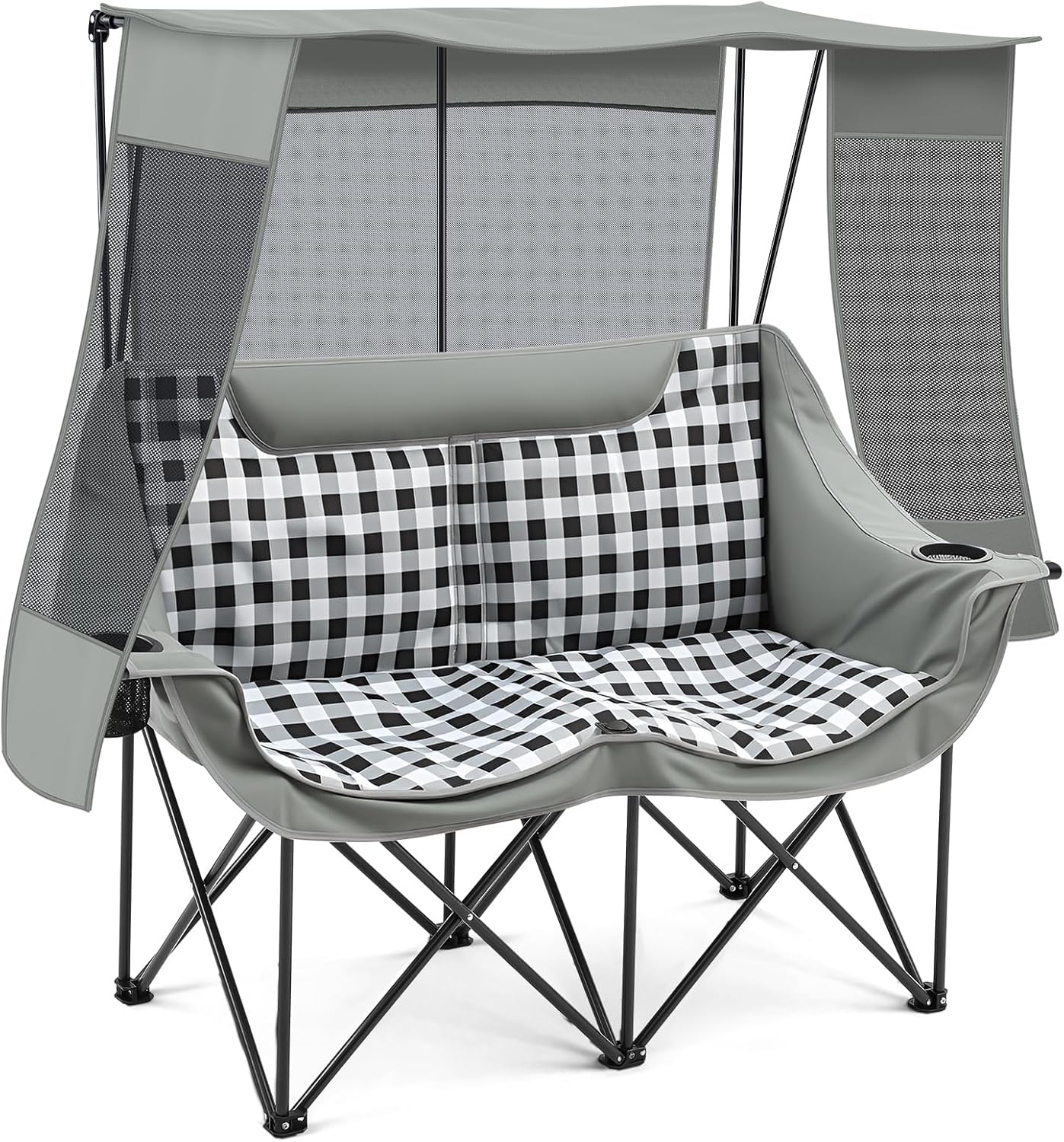Teenyyou Double Camping Chair with Canopy Shade 660lbs Heavy Duty Beach Chair, Portable Folding 2 Person Camping Loveseat with Cup Holder and Storage Bag for Lawn Beach Outdoor Sport(Grey Plaid)