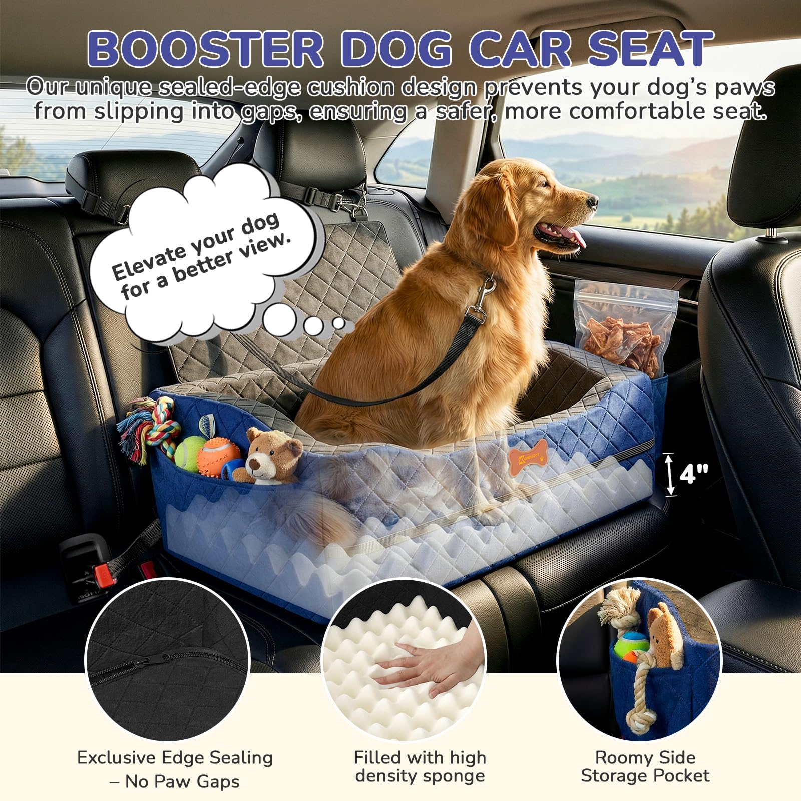 Hunde-Autositz für mittelgroße und große Hunde, 10,2 cm, erhöhter Hundesitz mit ISOFIX-Sicherheitsfixierung, waschbarer Bezug und hochdichtem Memory-Schaum, tragbar für Auto vorne/hinten/Kofferraum