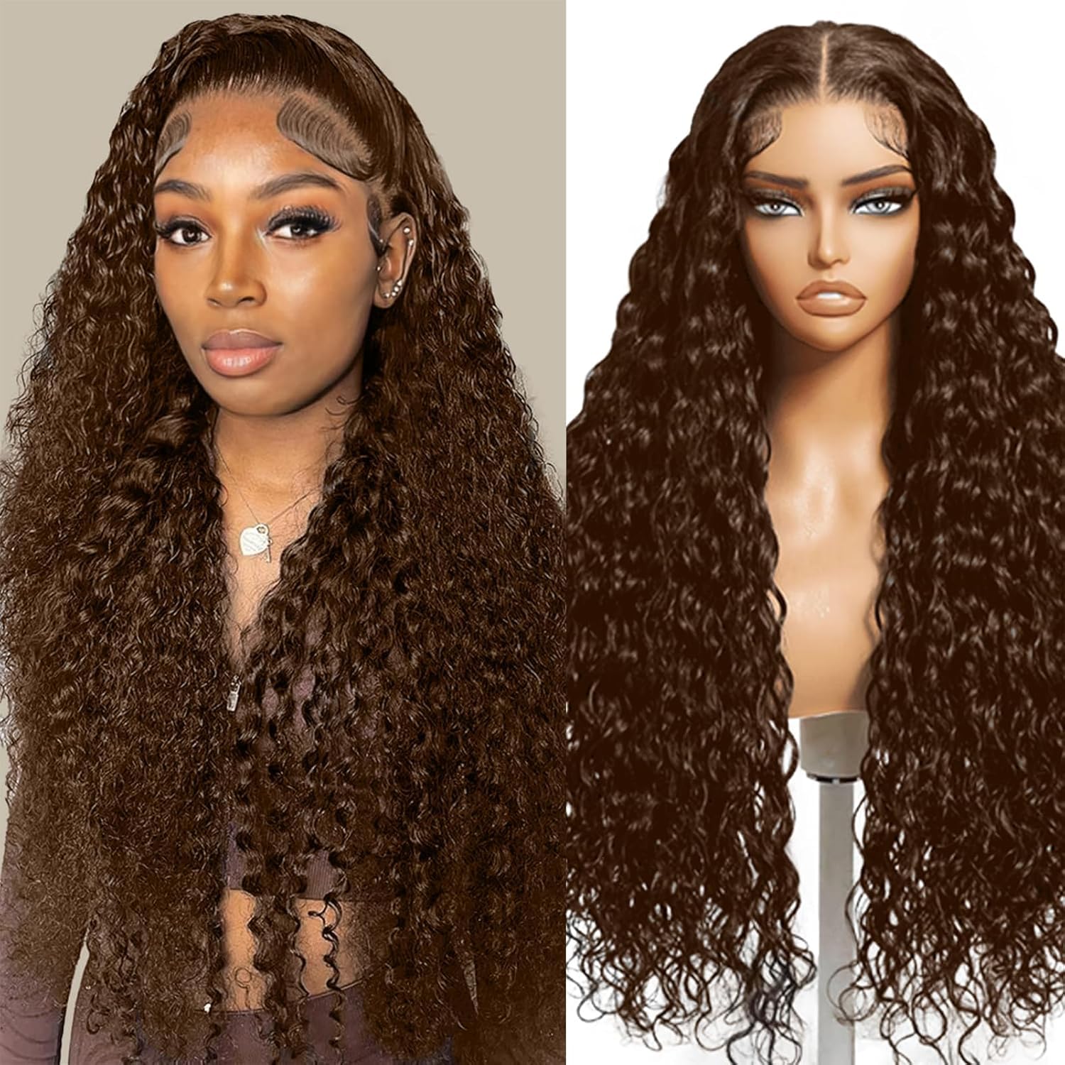Chocolate Brown 13x4 Lace Front Wigs Human Hair 150 Density Deep Wave HD Lace Front Wigs 4# Curly Glueless Wigs Pre Plucked 13x4 Frontal Human Hair Wigs for Women (26 Inch)