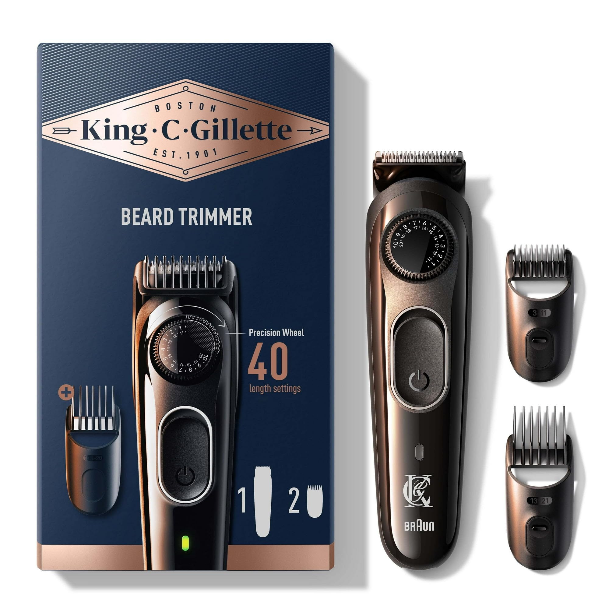 Beard Trimmer for Men - Cordless Rechargeable Electric Razor - 3 Interchangeable Combs, 1 Cleaning Brush, 1 Charger, Pouch