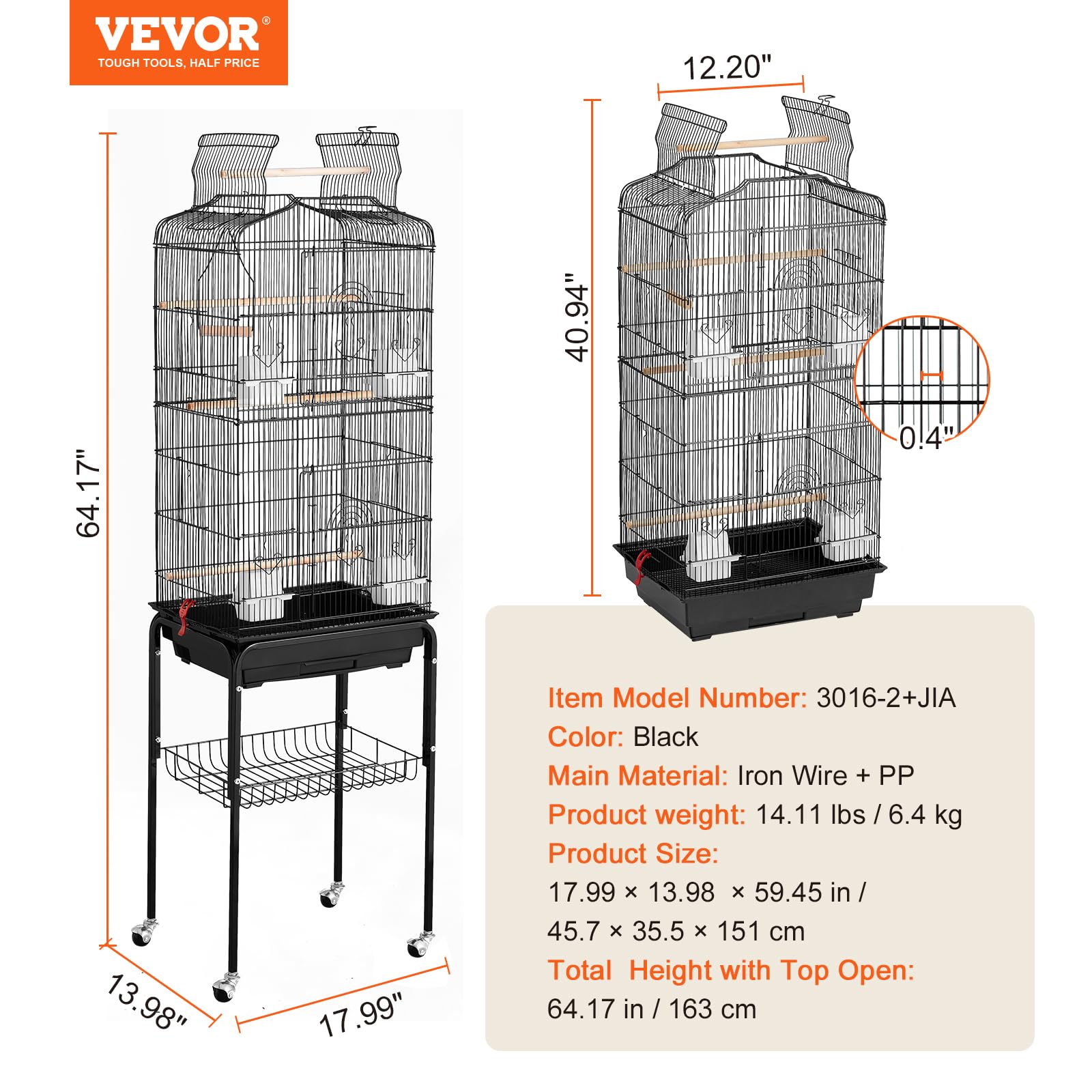 VEVOR Jaula grande para loros con parte superior abierta de 64 pulgadas con soporte rodante desmontable para periquitos, pinzones, canarios, tortolitos, cacatúas, periquitos, pequeños cuáqueros