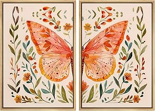 SIGNFORD Framed Canvas Print Wall Art Set Whimsical Butterfly and Floral...