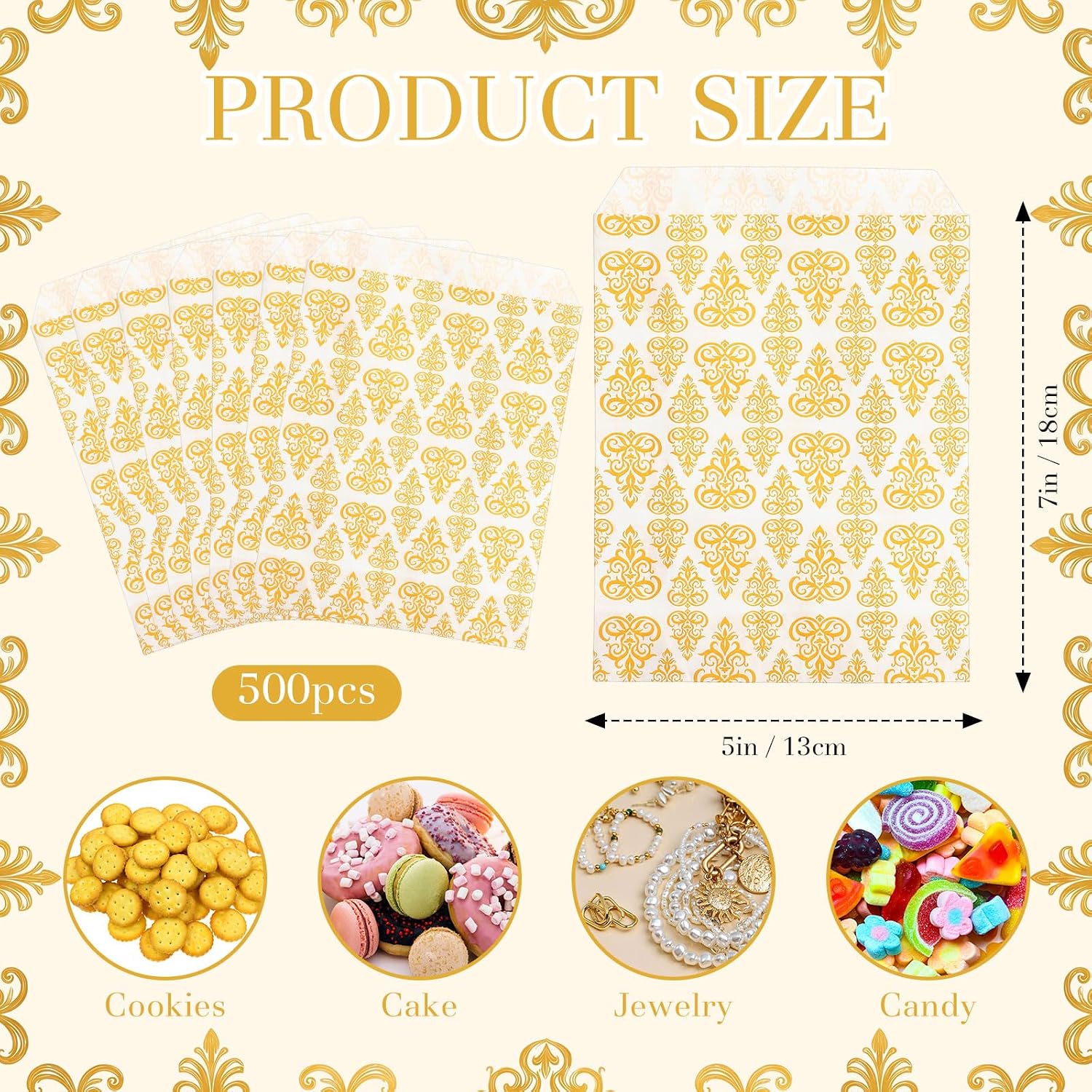 AmazingSpark 500 Pcs Bulk Candy Buffet Bags 5 x 7 Inch Damask Pattern Paper Treat Bags Wedding Candy Favors for Guests Small Cookie Snack Gift Bag for Wedding Party Supplies image 2