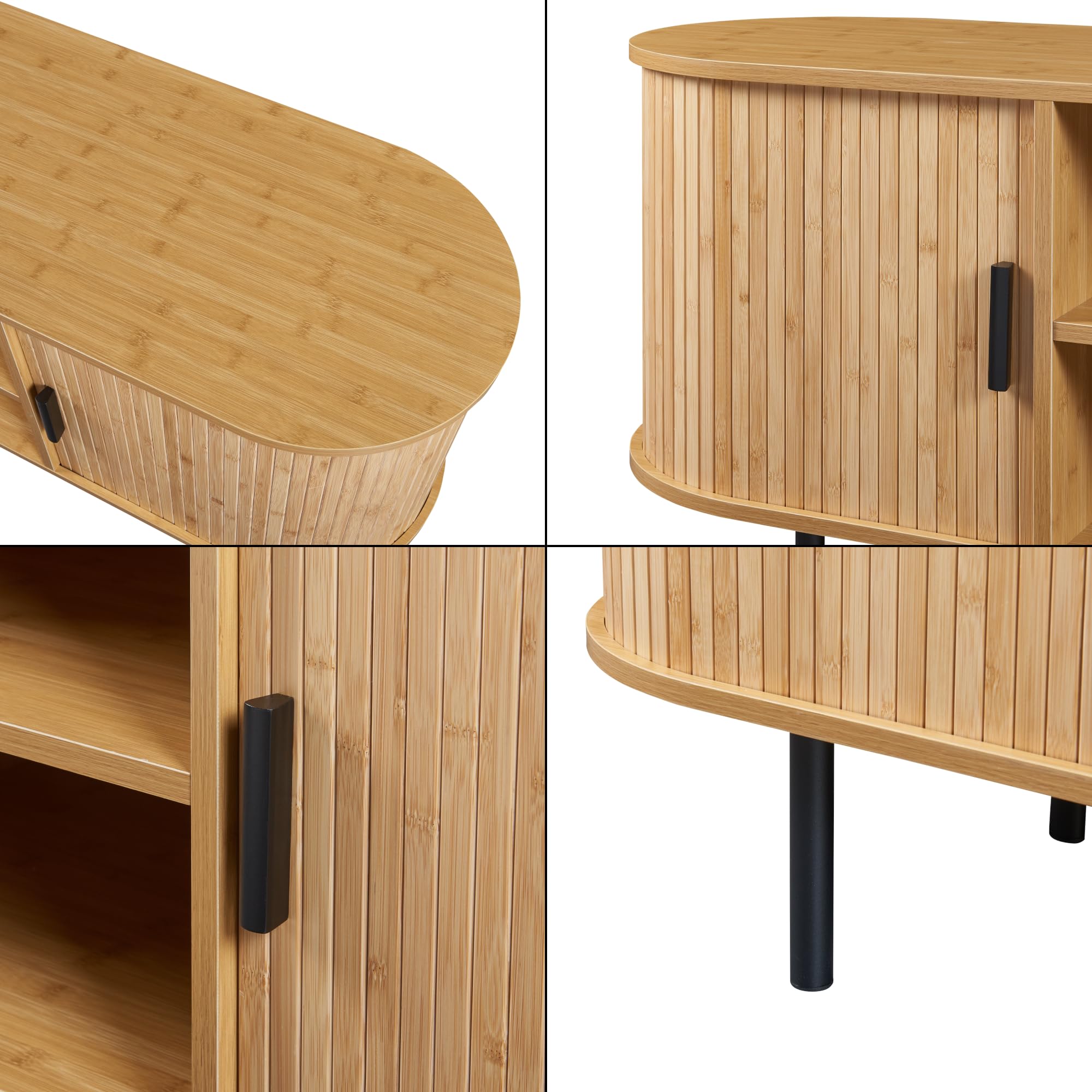 [en.casa] Mueble de TV Tvedestrand con 2 Compartimentos con Puertas Correderas y 2 Compartimentos Abiertos Mueble de Salón para TV Bambú Metal 140 x 40 x 55 cm - Efecto Madera/Negro
