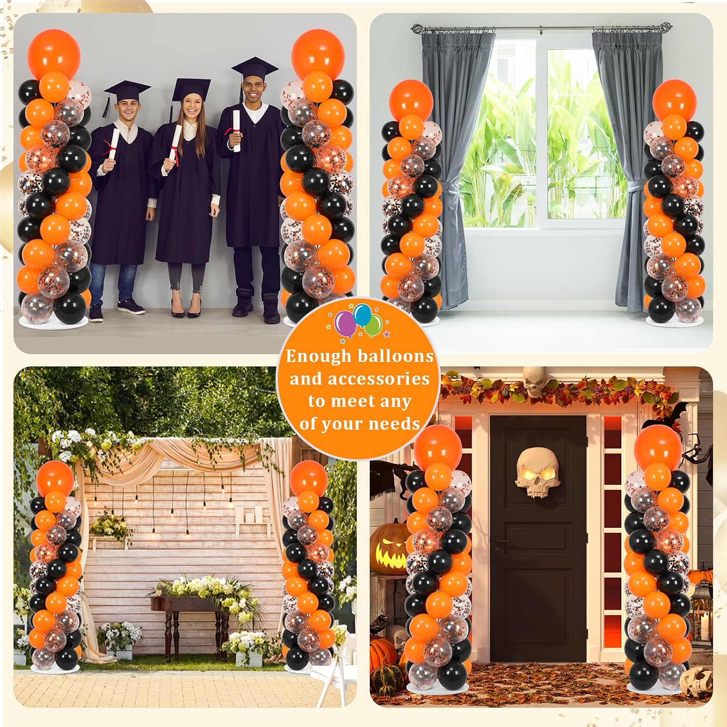 2 Sets Orange and Black Balloon Column Stand Kit with 100 Balloons Adjustable Balloon Tower Stand with Bases for Floor Black Orange Confetti Balloon Column Kit for Valentine Birthday Party Decor