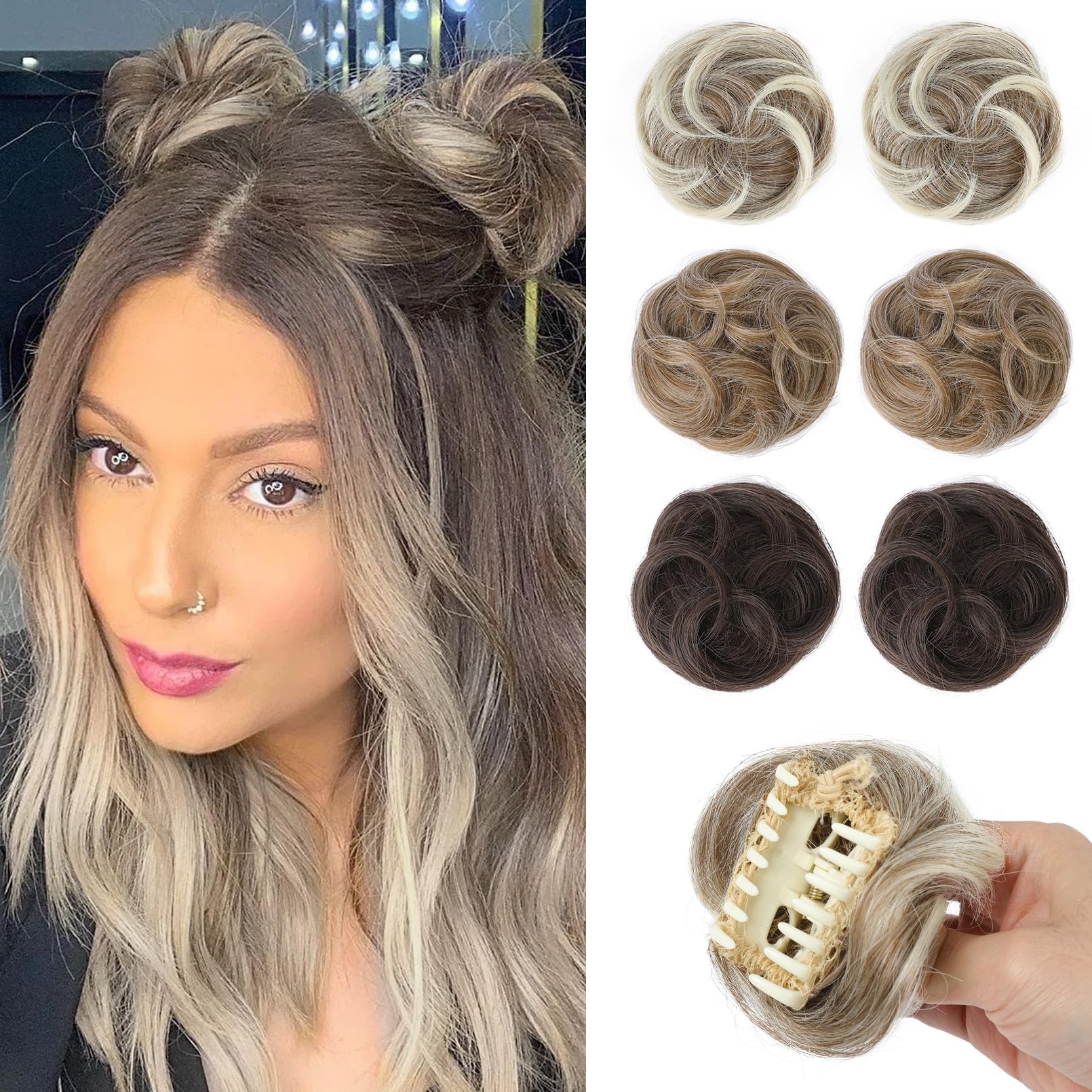 REECHO Space Bun Hair Pieces, 2 PCS Mini Claw Clip in Messy & Cat Ears Fake Hair Bun Extensions HB001 Wig Accessory Updo Hairpieces -Pack of 2-3.5"