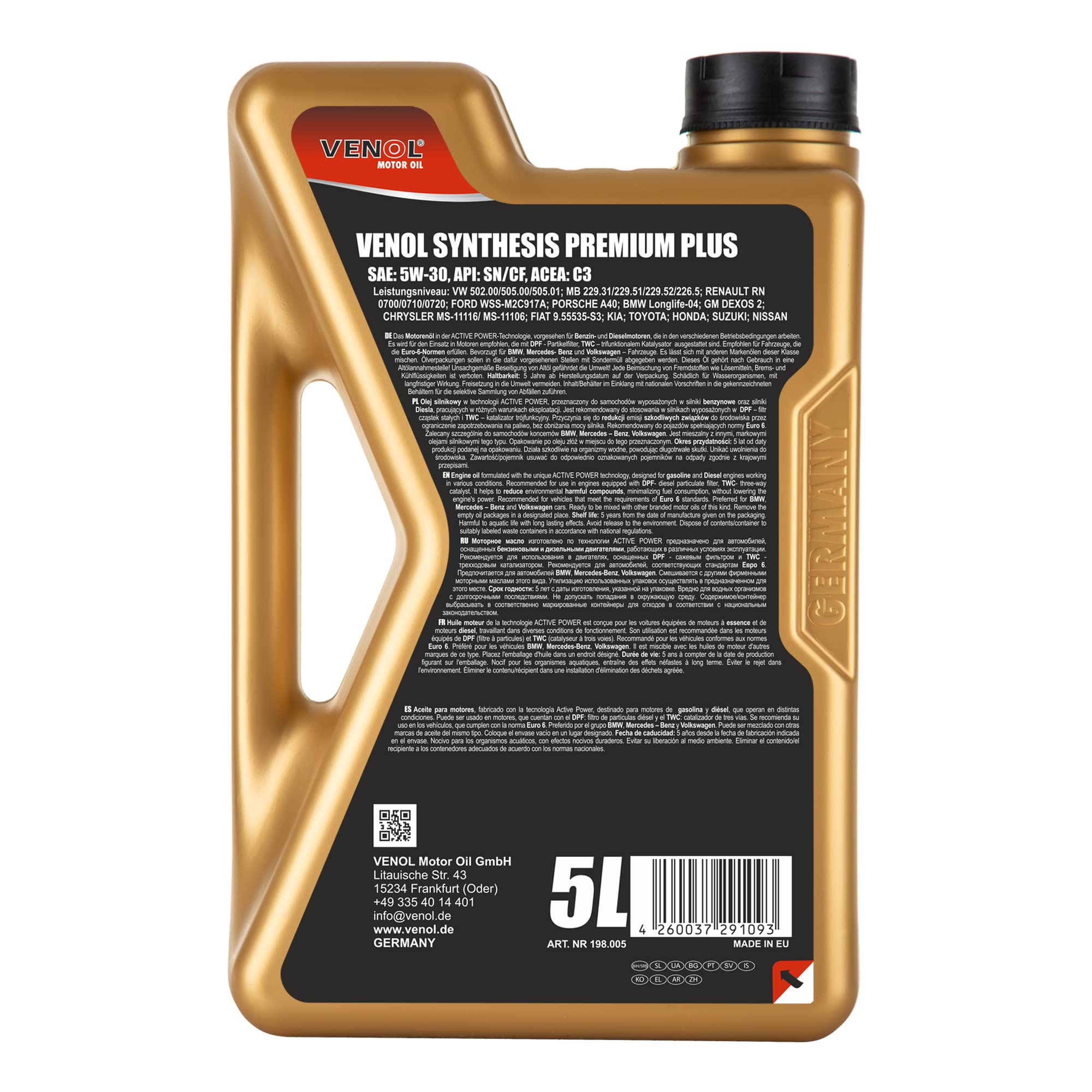 VENOL Huile Moteur 5W30 ACEA C3 Synthesis Premium Plus DPF/FAP LongLife Essence/Diesel (5L)
