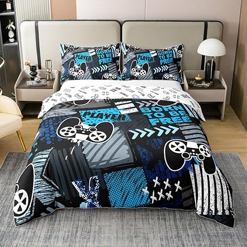 Juego de ropa de cama de 100 % algodón natural con control de videojuegos, tamaño individual, funda de edredón moderna a la moda con 1 funda de