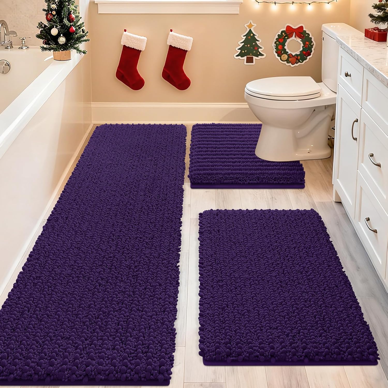 Ultra Soft, Extra Large, 3 Piece Dark Purple Bathroom Rug Set. Eggplant