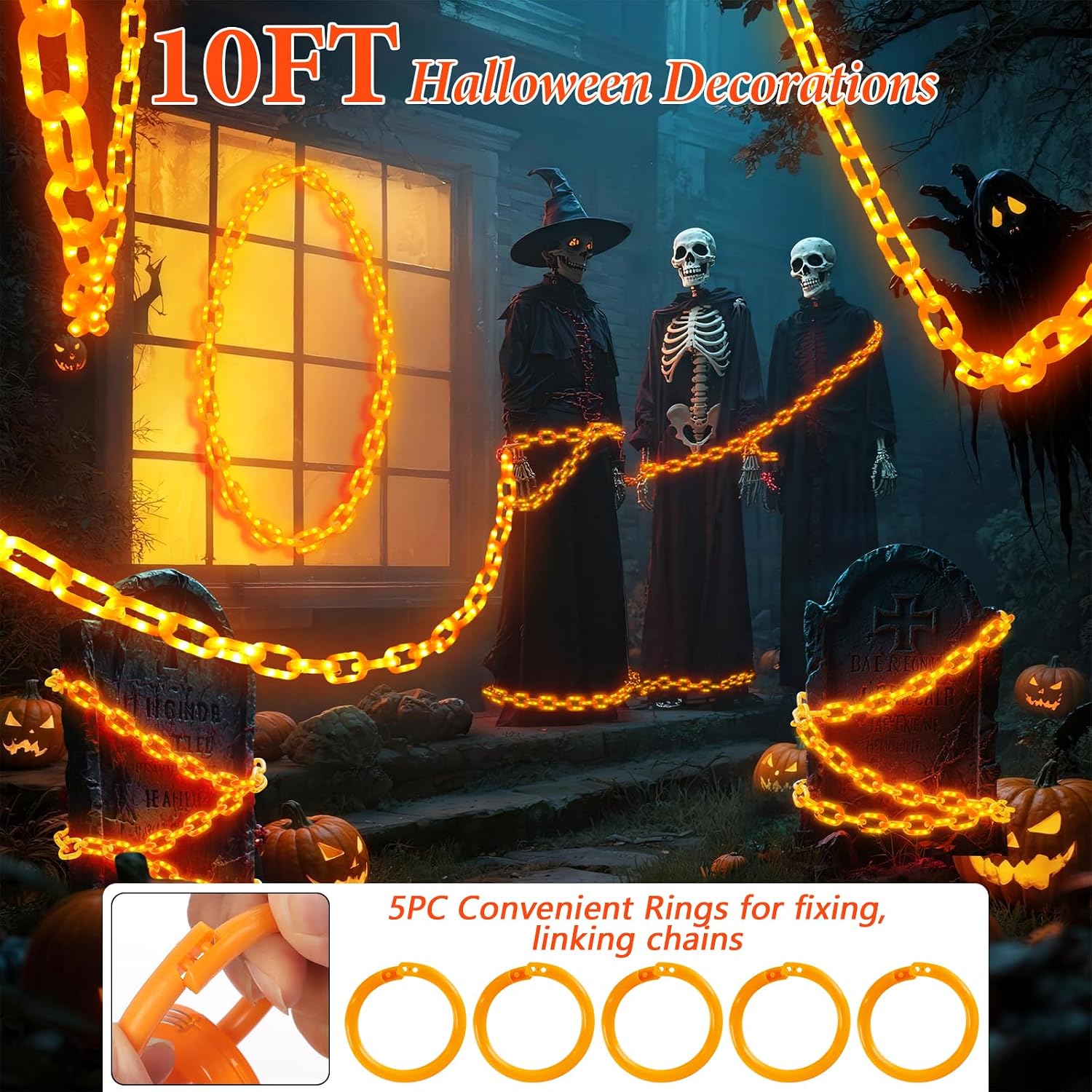 10FT Battery Halloween Chain String Lights, Waterproof Orange Plastic Chain Lights for Halloween Decorations Indoor/Outdoor, 8 Lighting Modes, Led halloween Lights for Skeleton Dog, Lawn Porch Decor