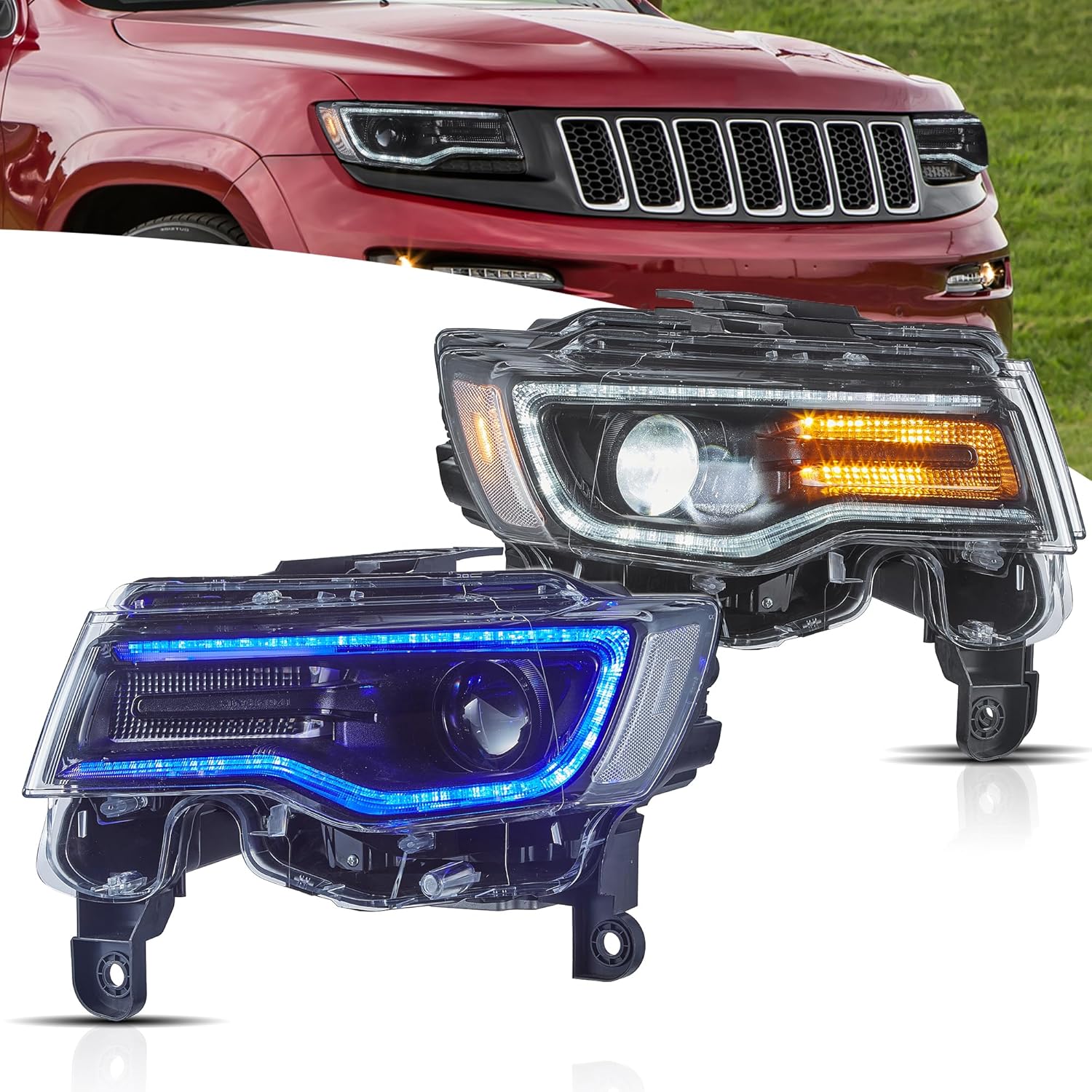 VLAND Projector Headlights Compatible with Jeep Grand Cherokee WK2 2014-2022, DRL with Blue to White Startup Color Changing & Sequential Turn Signal, 1 Pair (Black Housing)