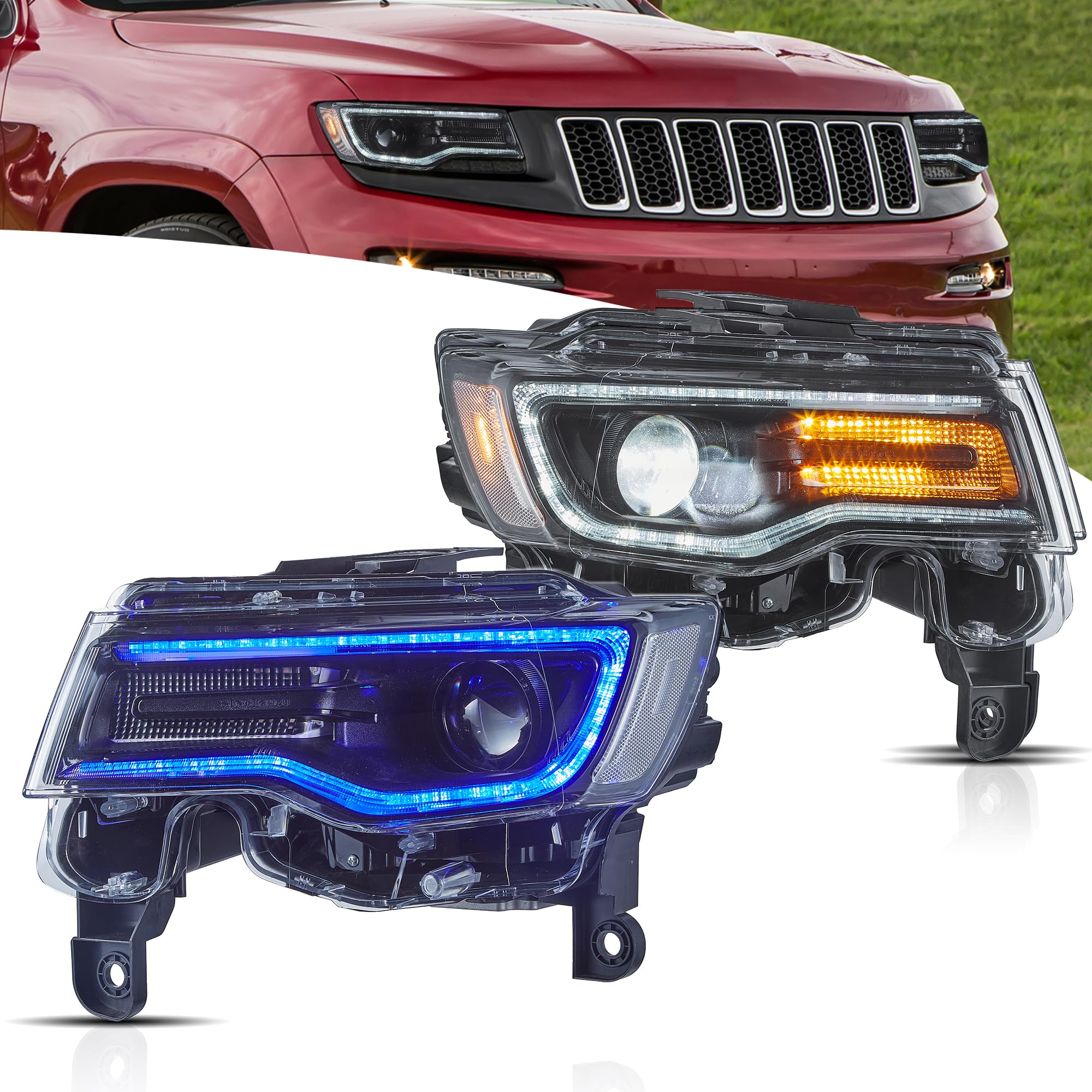 VLAND Phare à LED pour Grand Cherokee WK2 2014-2021, avec affichage dynamique, côté conducteur et passager - noir (Réflecteur clair)