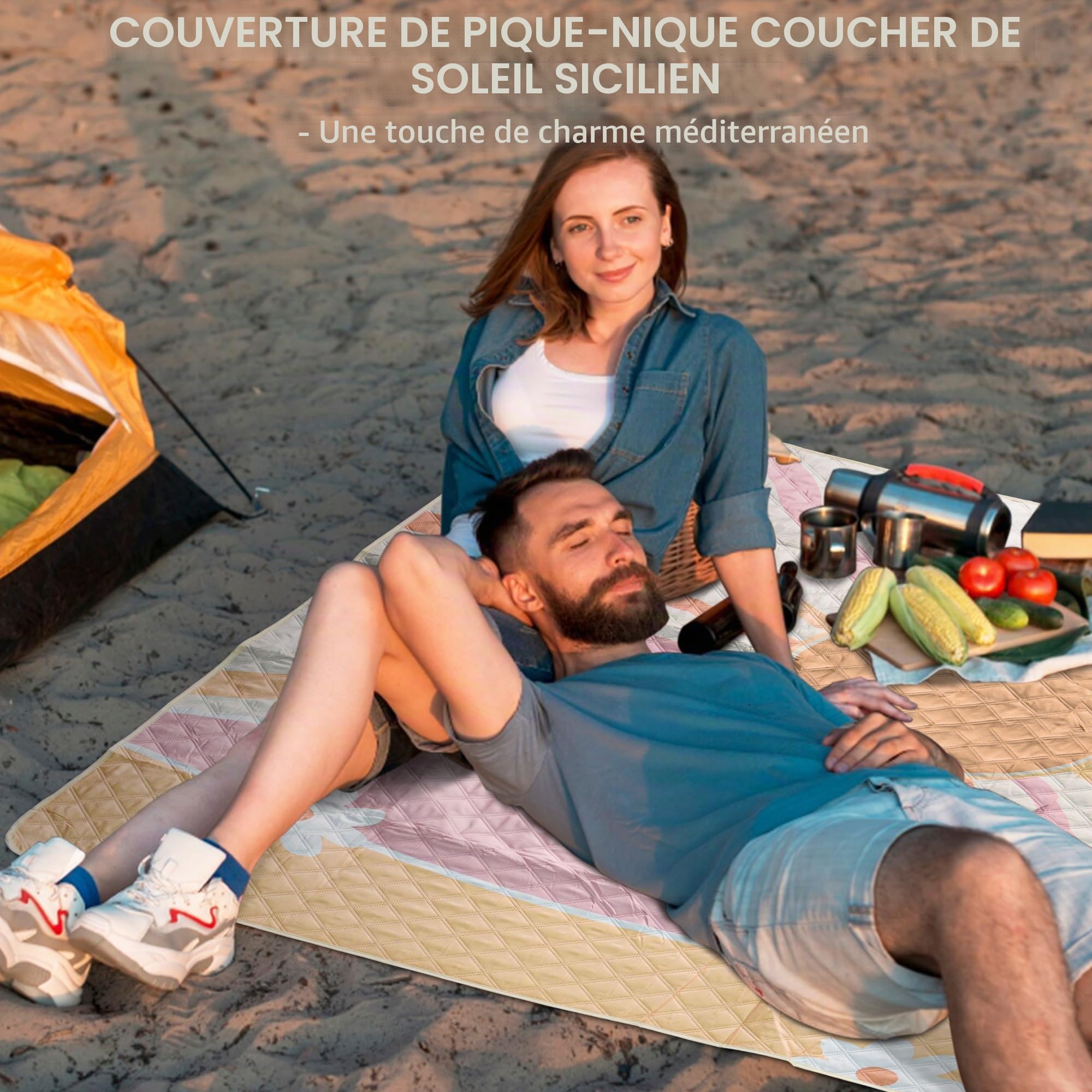 LARUTAN Couverture de Pique-Nique 200 x 200 cm, Tapis de Plage Imperméable Lavable avec Bandoulière pour Camping Jardin Plage, Sicilia