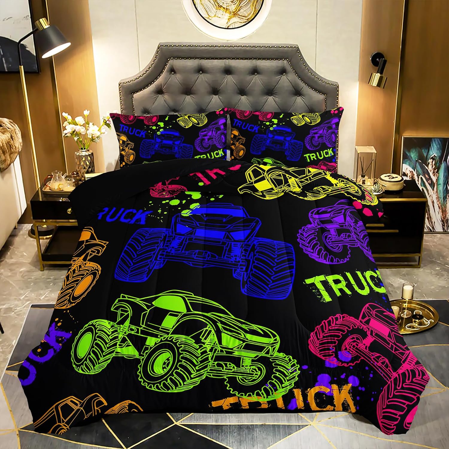 QOOMO Truck Comforter Set for Kids Teens Boys,Neon Truck Kids Bedding,1 Comforter with 2 Pillowcase, Microfiber 3 Piece Bedding Set,Soft and Lightweight(Black，Twin Size)