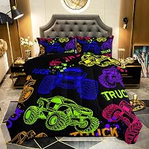 QOOMO Truck Comforter Set for Kids Teens Boys,Neon Truck Kids Bedding,1 Comforter with 2 Pillowcase, Microfiber 3 Piece Bedding Set,Soft and LightweightBlack,Full Size