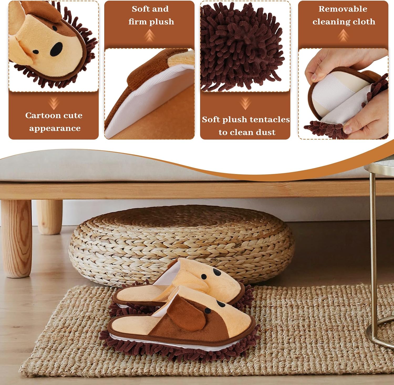 Liitrton Mop Slippers Cartoon Mop Shoes, Washable Microfiber Slippers for Floor Cleaning, Detachable Mopping Slippers for Women Home Floor Cleaning Tools (Brown, Women 7-9/Men 5-7)