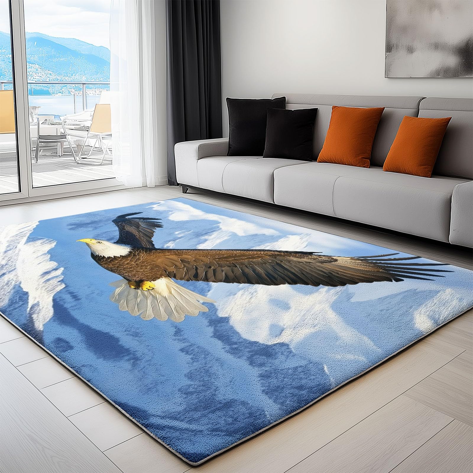 Tapis carré 120x180 cm montagne et pygargue bleu et marron