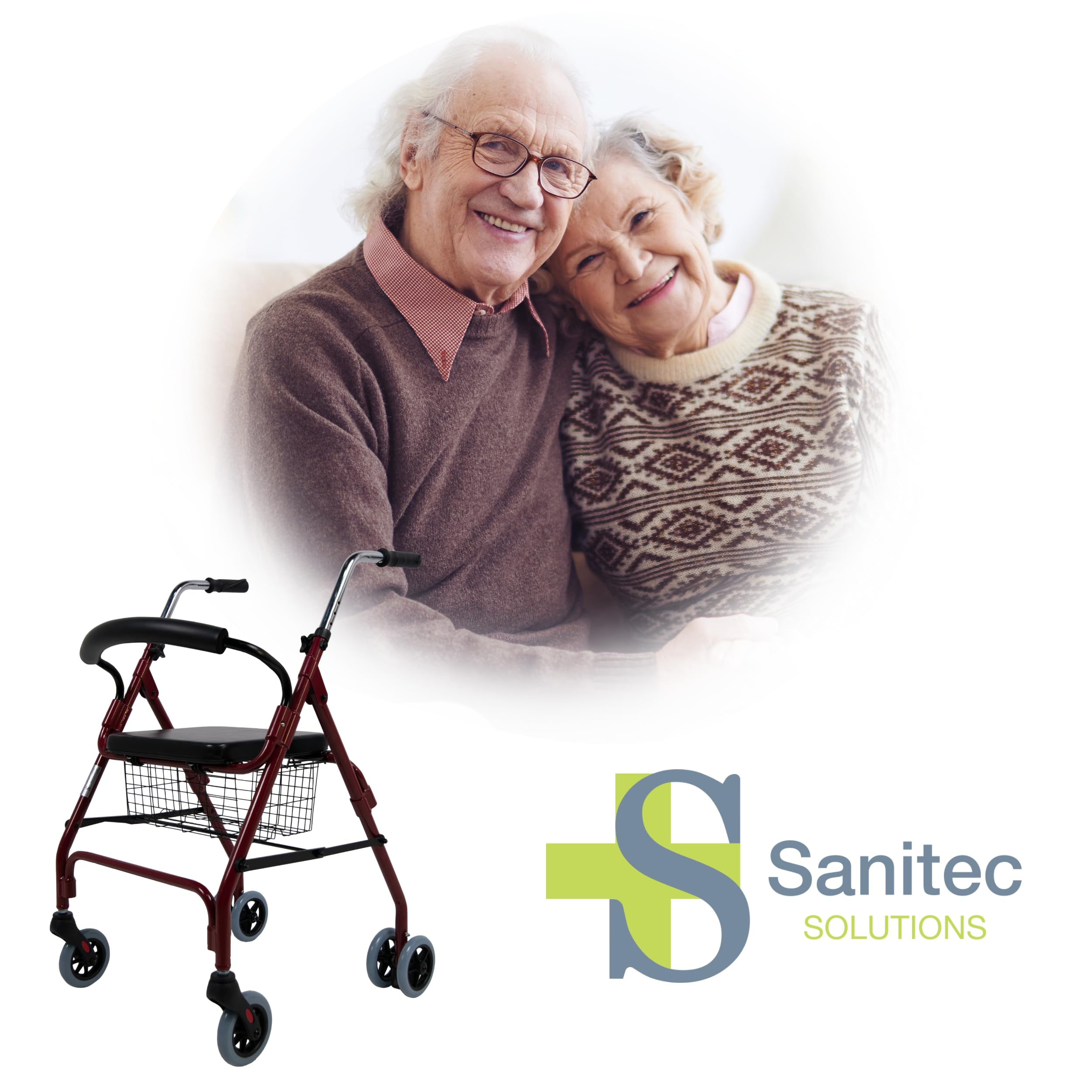 Sanitec - Andador Rollator con Frenos por Presión | Andador para Ancianos Plegable | Andadores Adultos con Estructura de Aluminio Ligero | Andador con Asiento y Cesta | Andadores para Ancianos