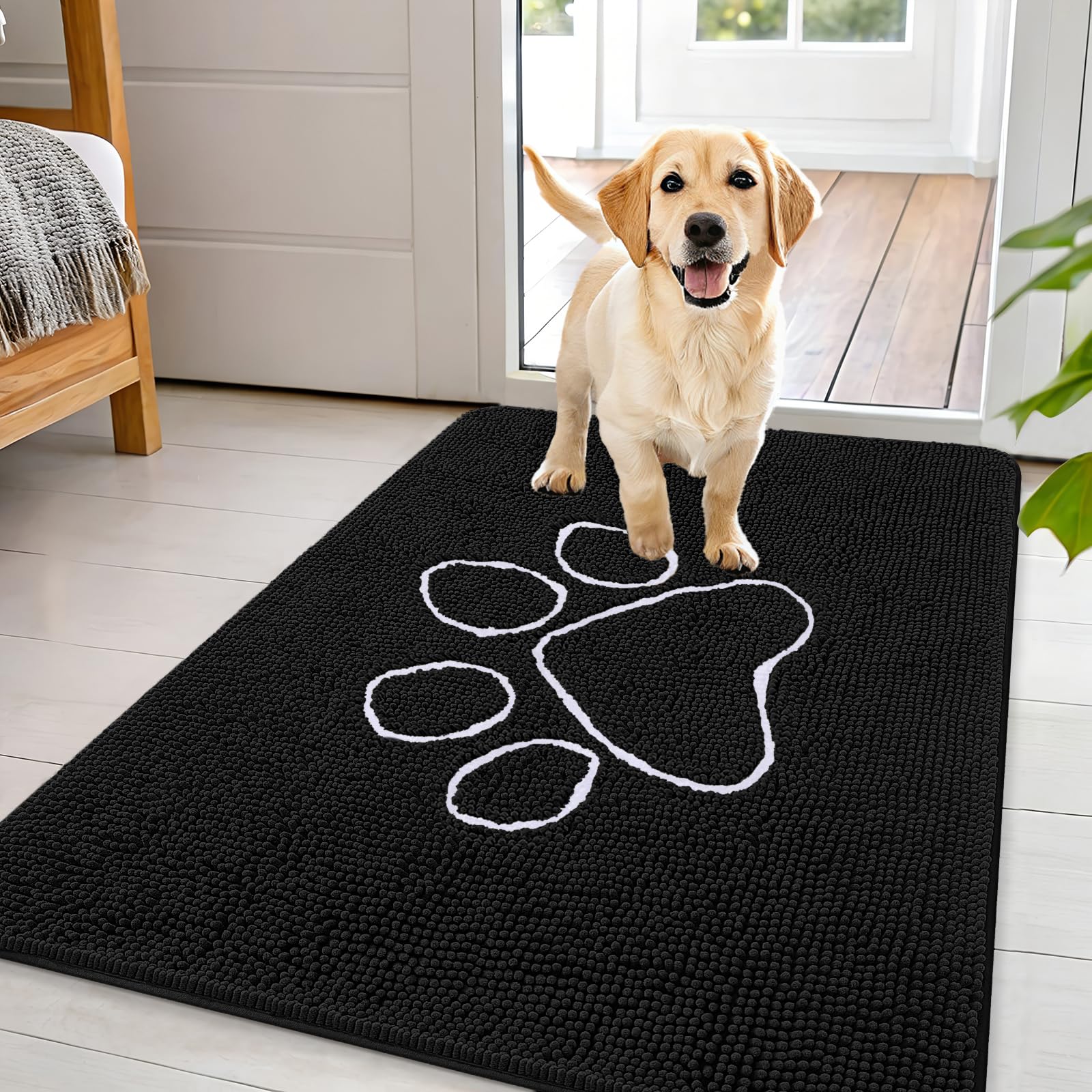 OLANLY Dog Door Mat for Muddy Paws 44x32, Paw Print Design Chenille Mud Mat