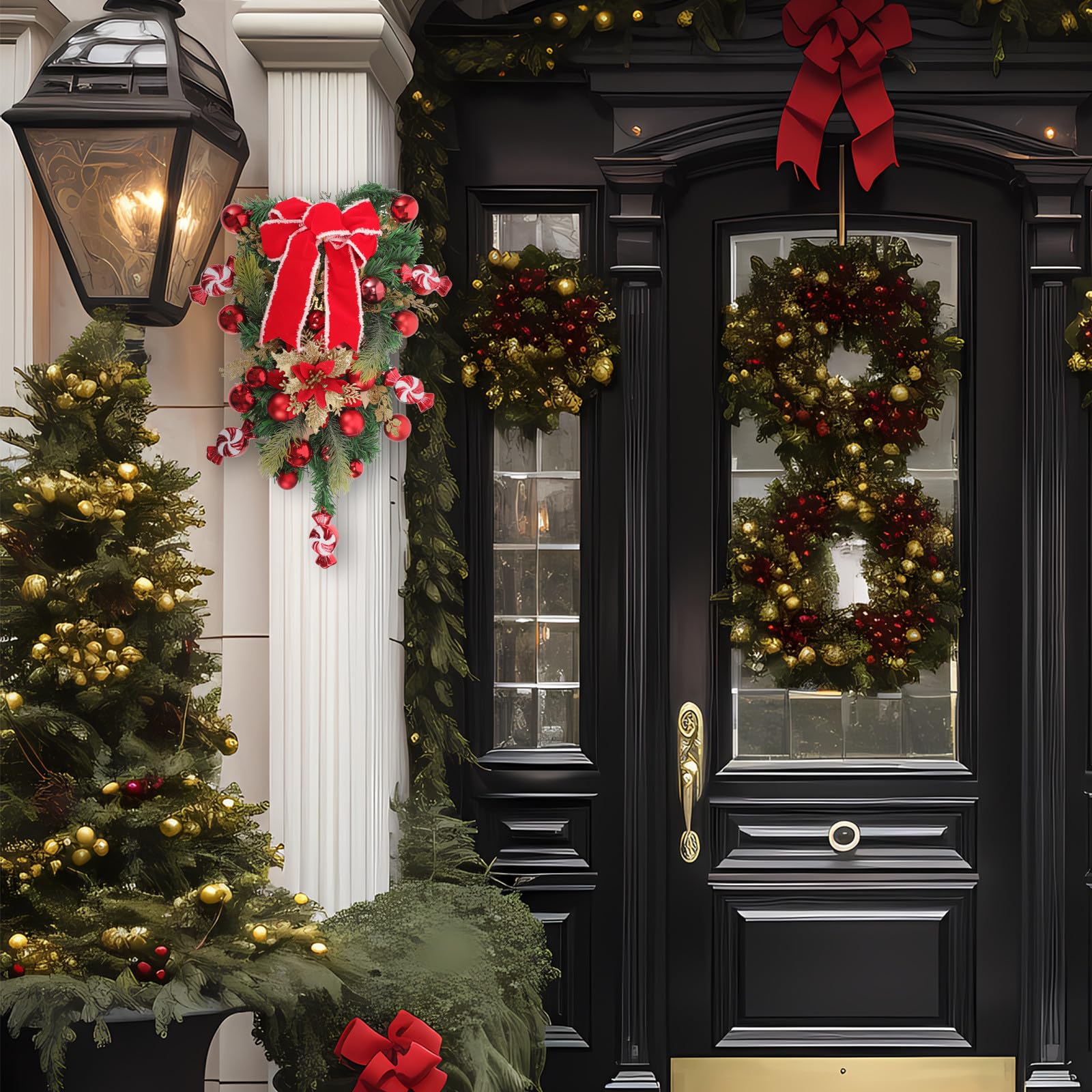 Mikikit Guirnalda Navideña Colgante en Forma de Lágrima Lazo para Decoración de Puerta y Barandilla, Diseño Único de PE para Ambiente Navideño Auténtico
