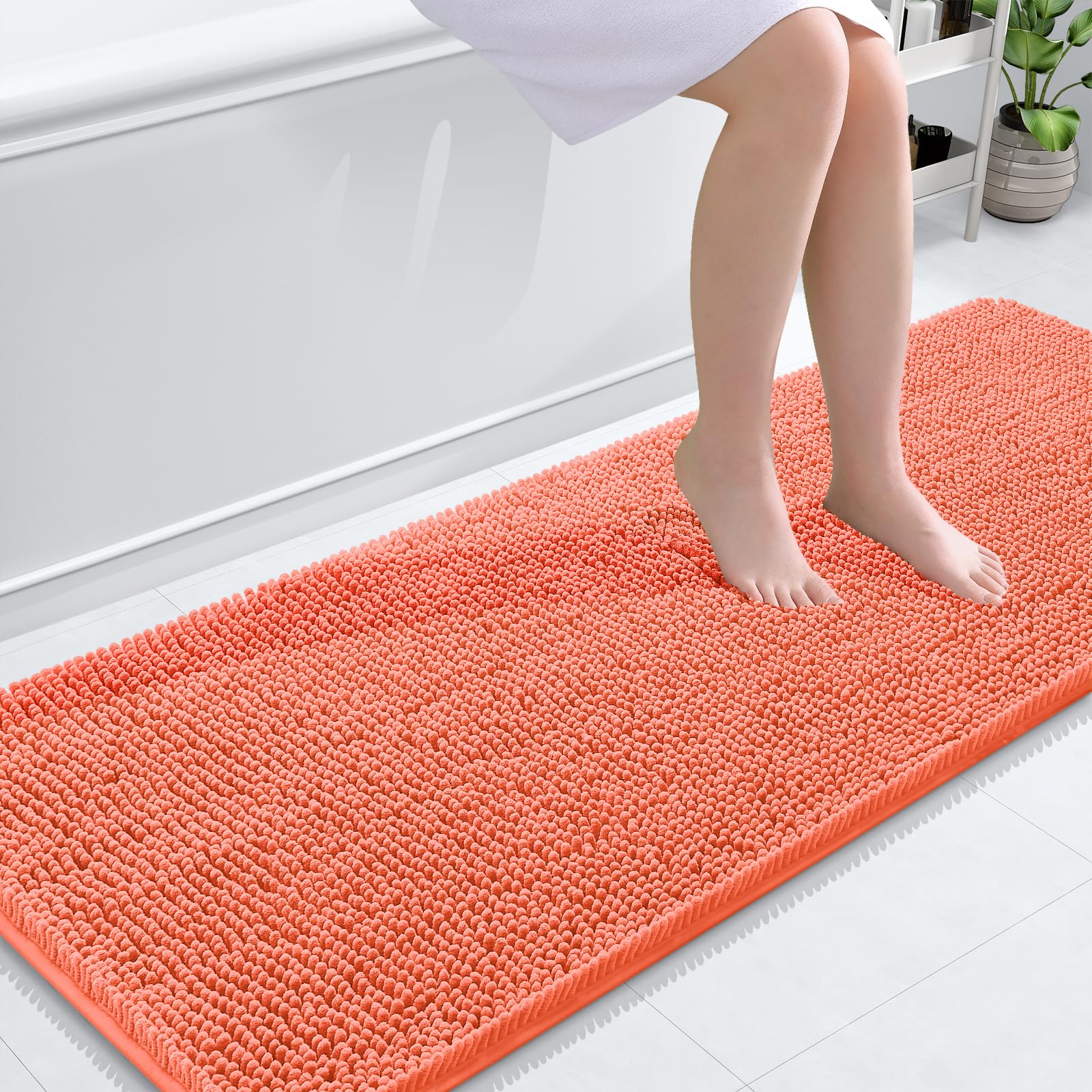 OLANLY Bathroom Runner Rugs 59x24, Extra Soft Absorbent Chenille Bath Rugs | Coral, Quick-Drying Rubber Backing, Machine Washable Long Bath Mat for Bathroom Floor, Tub and Shower, Home Decor Accessories