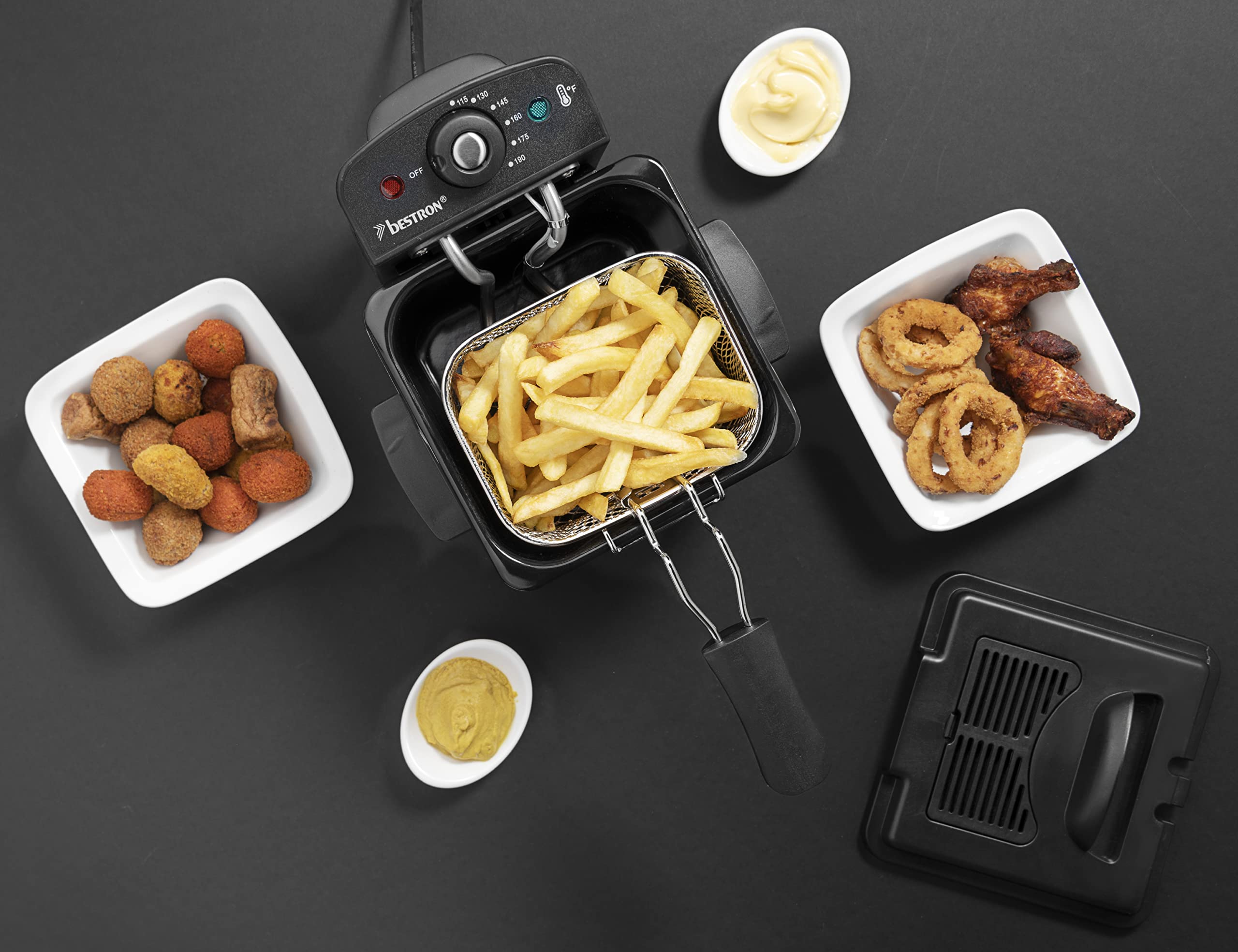 Bestron Friteuse à huile, mini friteuse pour une portion de frites, inclut la technologie de zone froide & contrôle de la température, fenêtre de visualisation & filtre à huile, Couleur: Cuivre