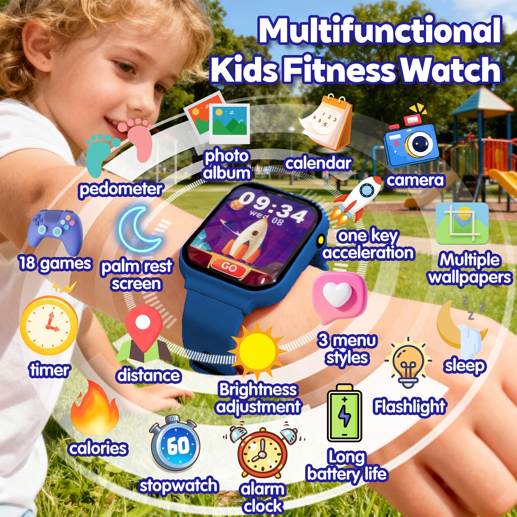 Reloj Inteligente Niño Pulsera Actividad, IP68 1.8" HD Smartwatch Niño y Niña 3-15 Años, Podómetro, Monitor de Sueño, Cámara, Modos Deportivos, Alarmas, 18 Juegos, Linterna, Fondo DIY, Regalo Infantil