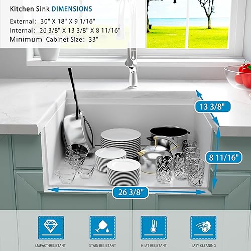 Miniatura 30 de Fregadero de barra blanco para montaje inferior, fregadero de barra compuesto pequeño de 16 x 18 pulgadas, fregadero de granito para cocina y bar