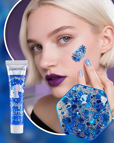 Miniatura 6 de SUMEITANG Gel de purpurina para la cara y el cuerpo, 6 colores, lentejuelas holográficas de sirena, pintura gruesa con purpurina para fiestas,