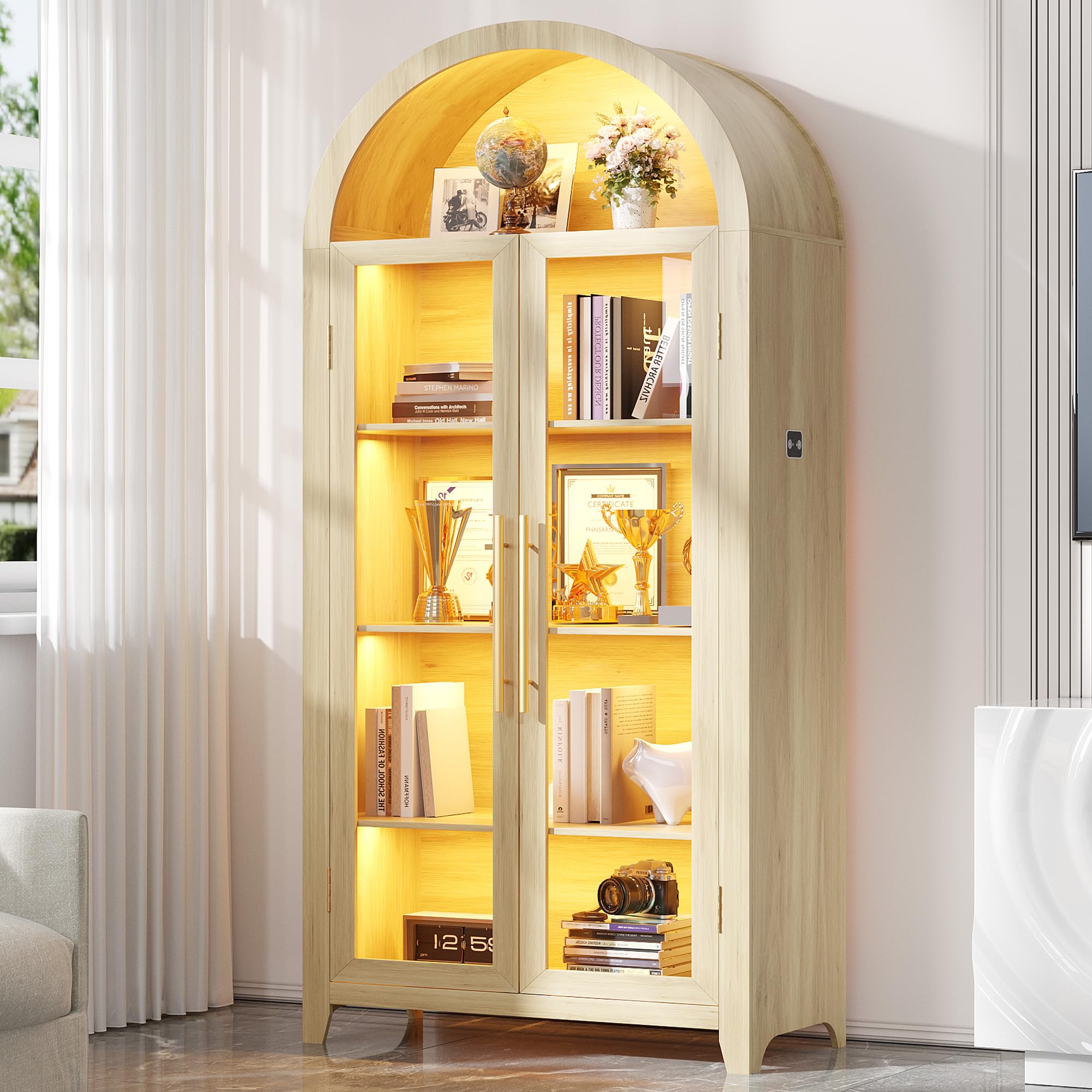 - Vlsrka 71" Arched Storage Cabinet with Doors, Display Cabinet with LED Light & Human Sensor, 5-Tier Display Cases for Collectibles, Curio Cabinet with Ajustable Shelf for Living Room