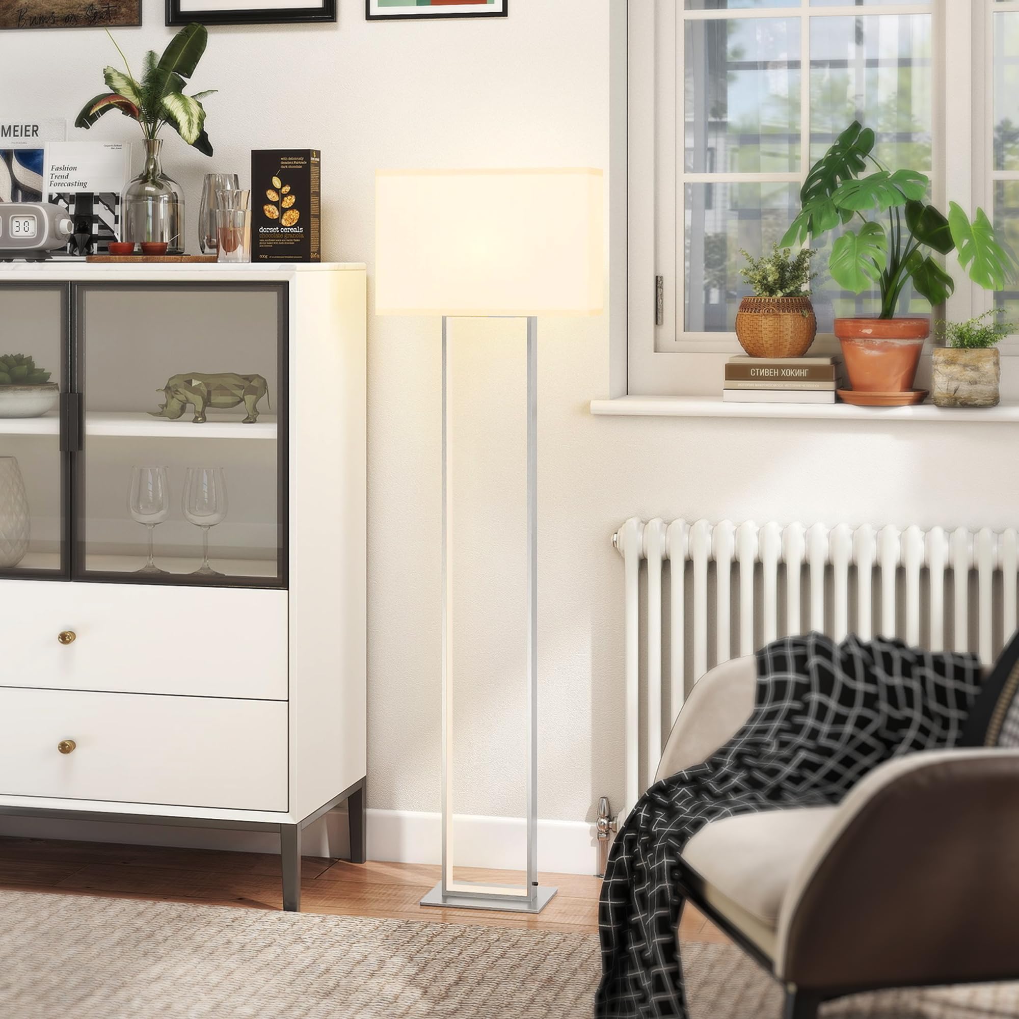 HOMCOM Lámpara de Pie Moderna 150cm con Pantalla de Tela para Salón Blanco | Luz Nocturna, Interruptor de Pie, Base Metálica, para Dormitorio Oficina Sala de Estar