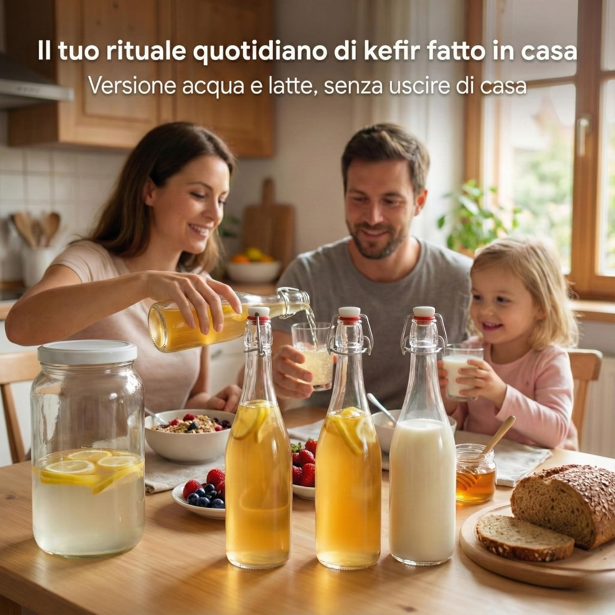 myFERMENTS - Kit Produzione Bevande Artigianali | Barattolo Vetro 2L | 3 Bottiglie Ermetiche 750ml | Imbuto e Mussola | Adatto per Birra, Liquori, Kombucha, Kefir | Trasparente, Vetro