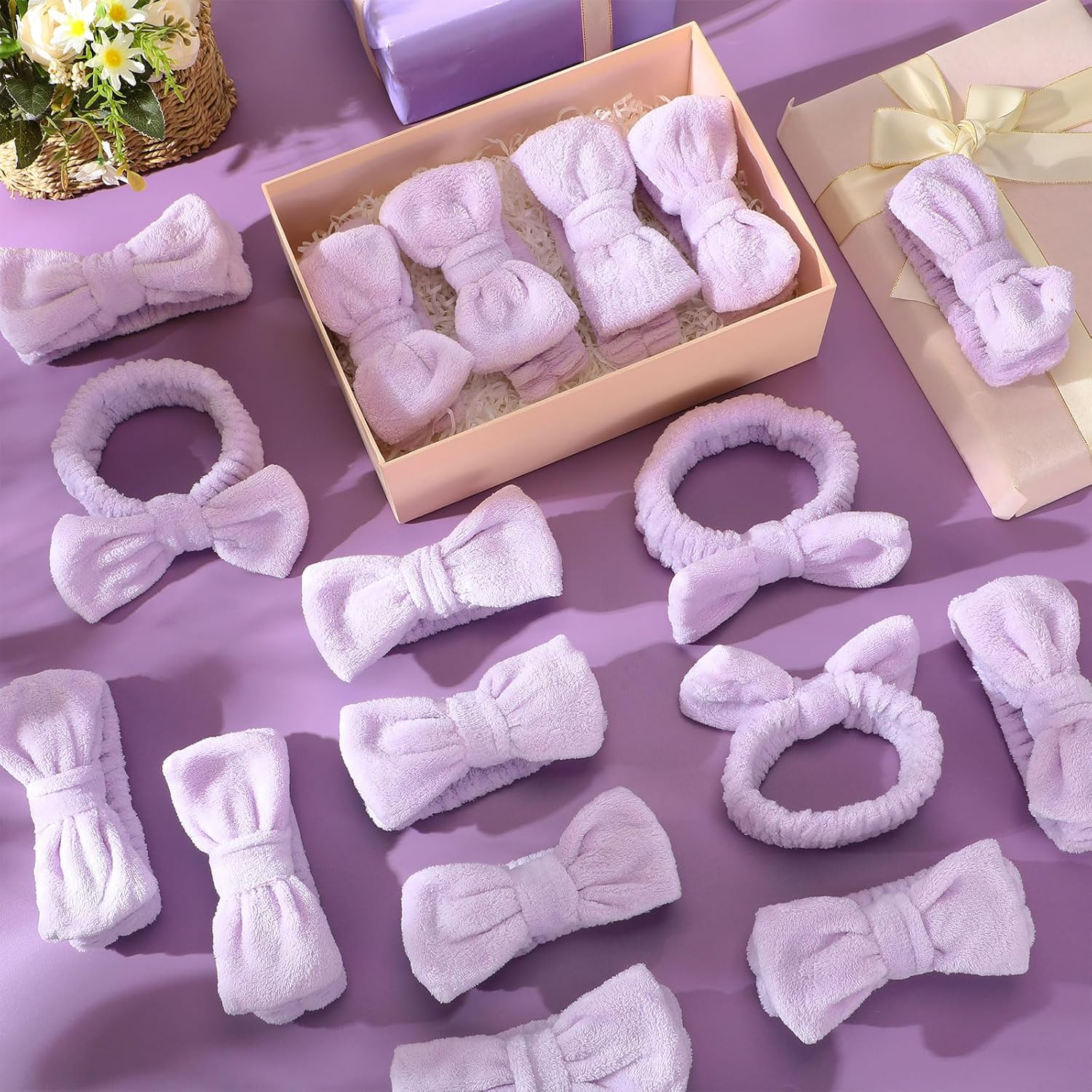 50 Pcs Spa Headband Bulk Spa Sleepover Party Supplies for Washing Face with Removable Bow Makeup Elastic Bowknot Headband for Women Gifts Skincare Microfiber Hairband (Purple Style)