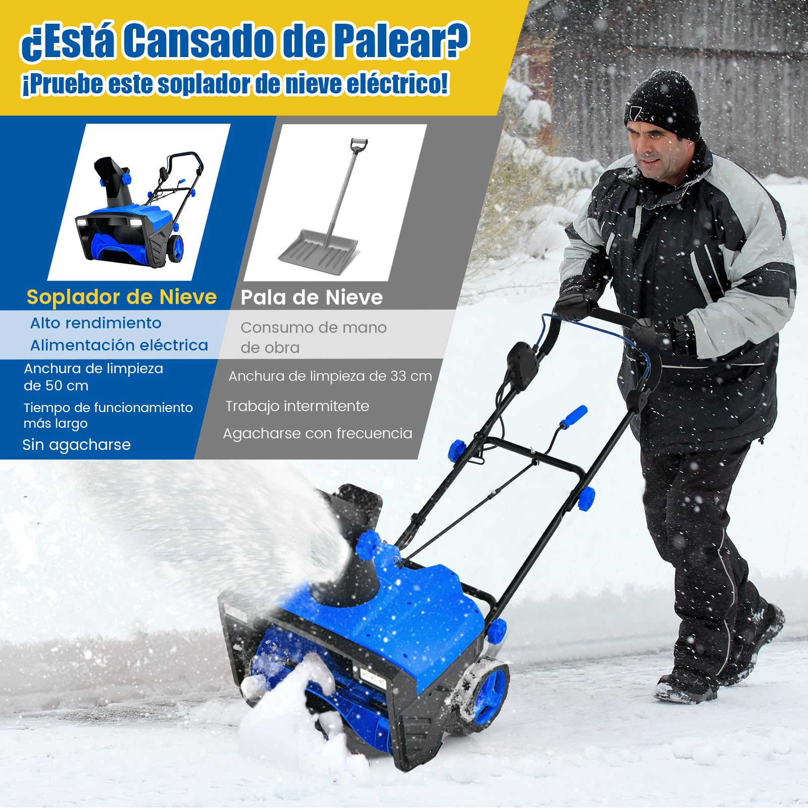 COSTWAY Quitanieves Eléctrico, 2300w, 3000RPM, Chorro Giratorio de 180°, Pala de Nieve con Ruedas y Cable, Distancia de Lanzamiento de 9 M, Máquina Quitanieves con Luces LED Duales (Azul)