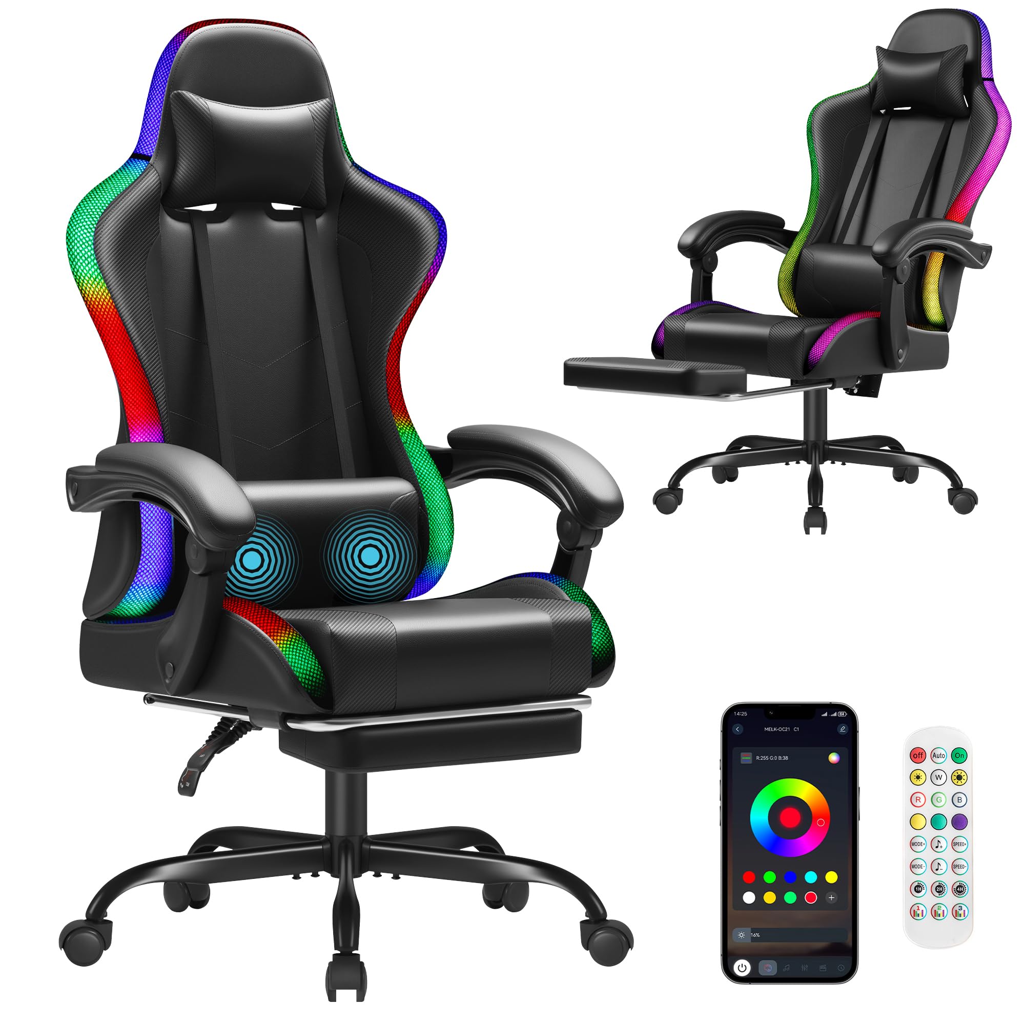 Homall Gaming Chair, Video Game Chair with Footrest and Massage Lumbar Support, Ergonomic Computer Chair Height Adjustable with Swivel Seat and