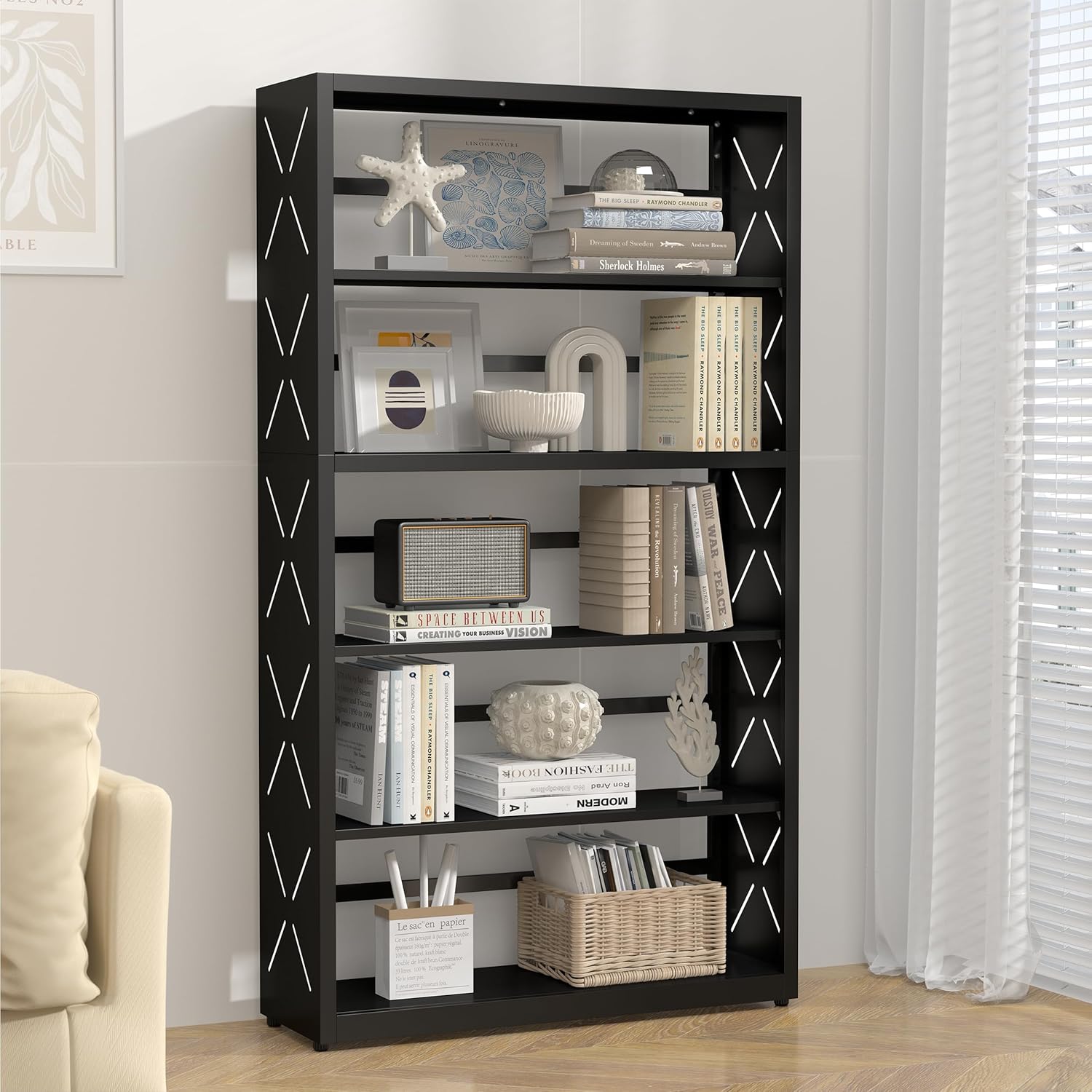 5 Tier Bookshelf, 55"Tall Metal Bookcase with Adjustable Shelves, Modern Display Book Shelf, Black Bookcase Shelf, Utility Shelf, Storage Shelves for Office, Living Room, Kitchen, Study-31"W
