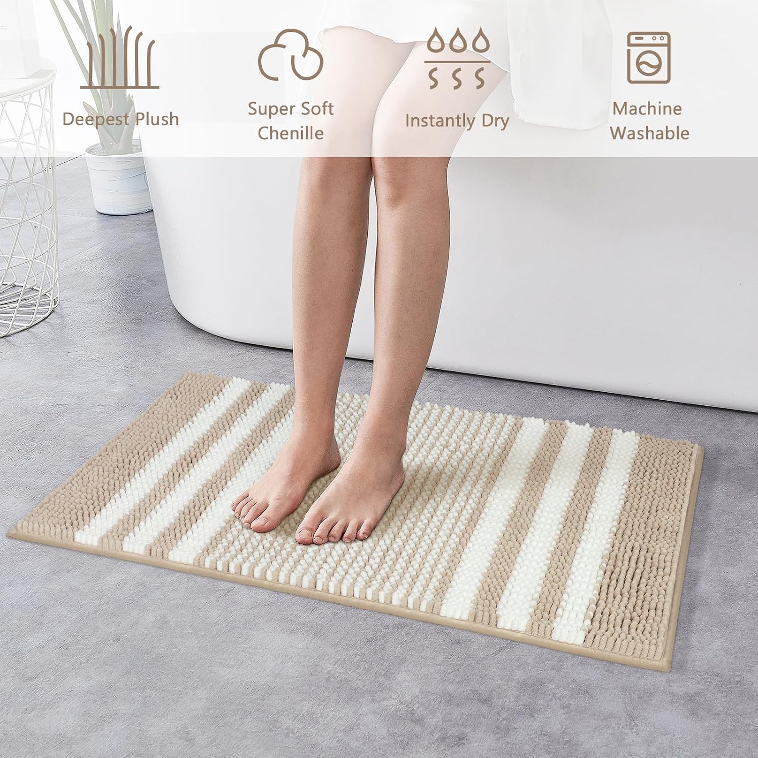 Khaki Bathroom Rugs Set 2 Piece, Extra Soft Absorbent Fluffy Striped Chenille Bathroom Floor Mat, Non Slip Quick Dry Washable Bath Rugs for Shower, 20" x 32" Plus 16" x 24" thumbnail