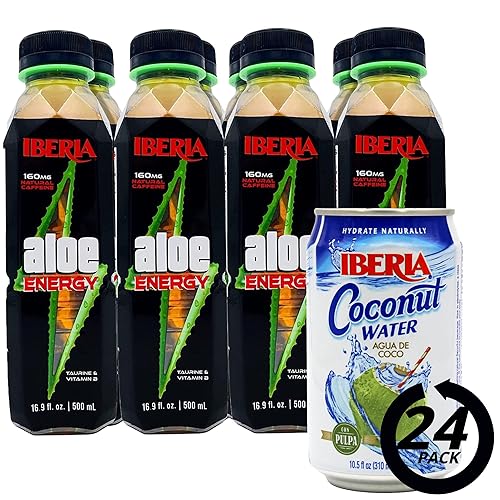 Iberia Bebida energética de aloe vera, 16.9 onzas líquidas (paquete de 8) + agua de coco iberia con pulpa, 10.5 onzas líquidas (paquete de 24)