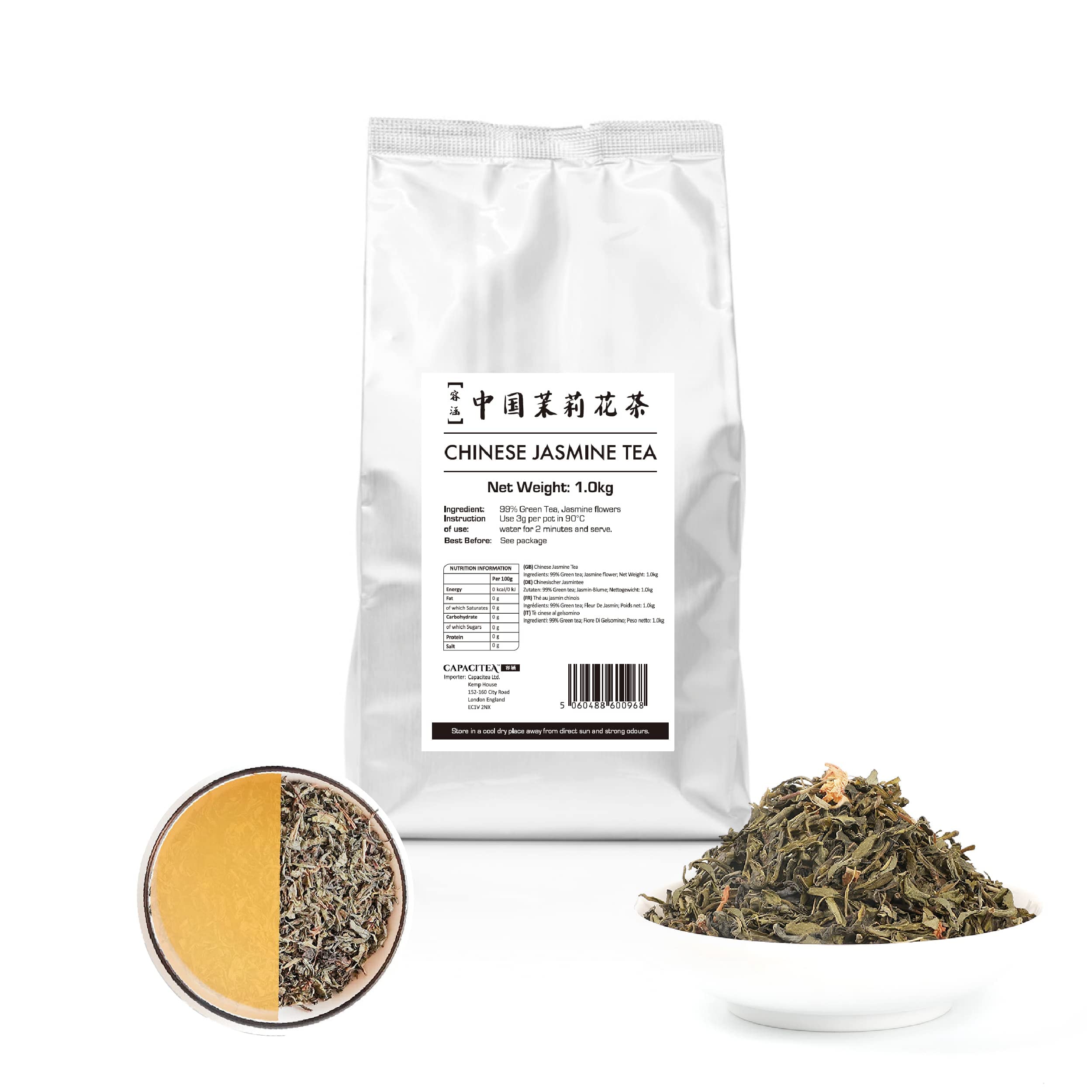 Capacitea Loose Leaf Chinese Green Tea Flavoured with Jasmine Flowers - Low Caffeine - Bulk Size Wholesale Pack - Ideal for Restaurants, Cafes & Catering - 1.0kg
