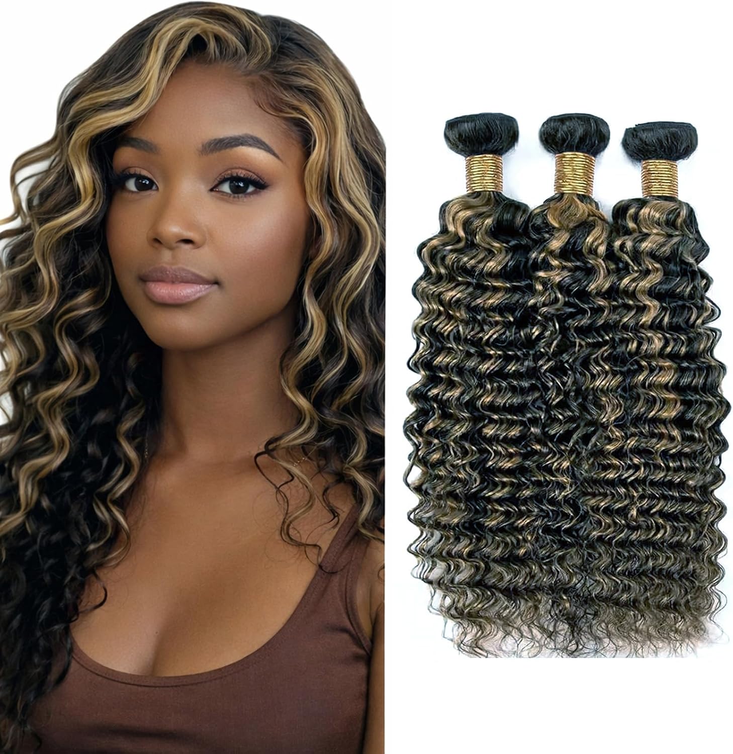 Deep Wave Virgin Human Hair Bundles Highlight Two Tone Black and Honey Blonde 20 22 24 Inch Brazilian Remy Hair Extensions 12A 3 Bundles Double Weft Soft Silky Weave for Black Women